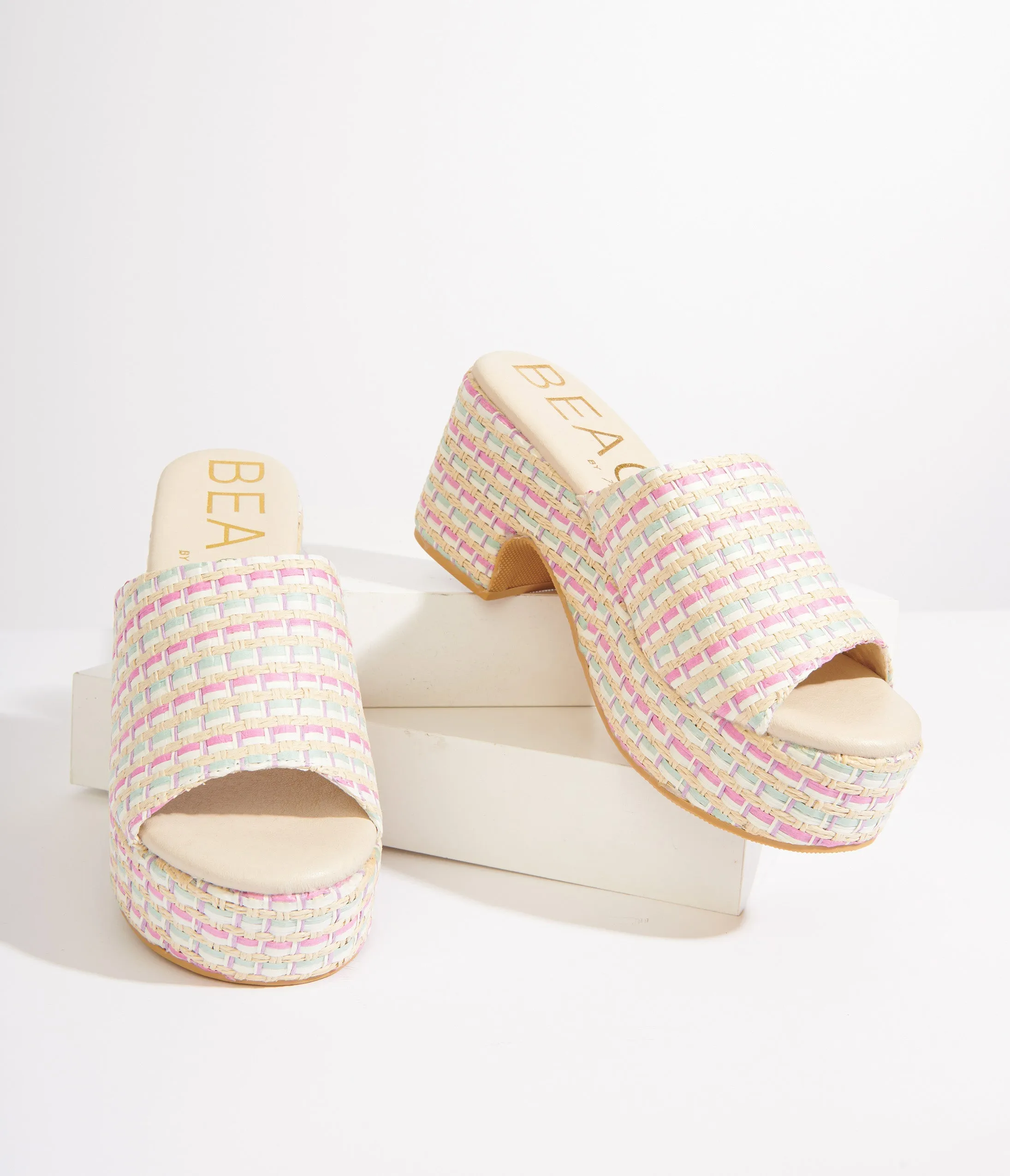 1970s Pastel Rainbow Rattan Platform Mule Sandals