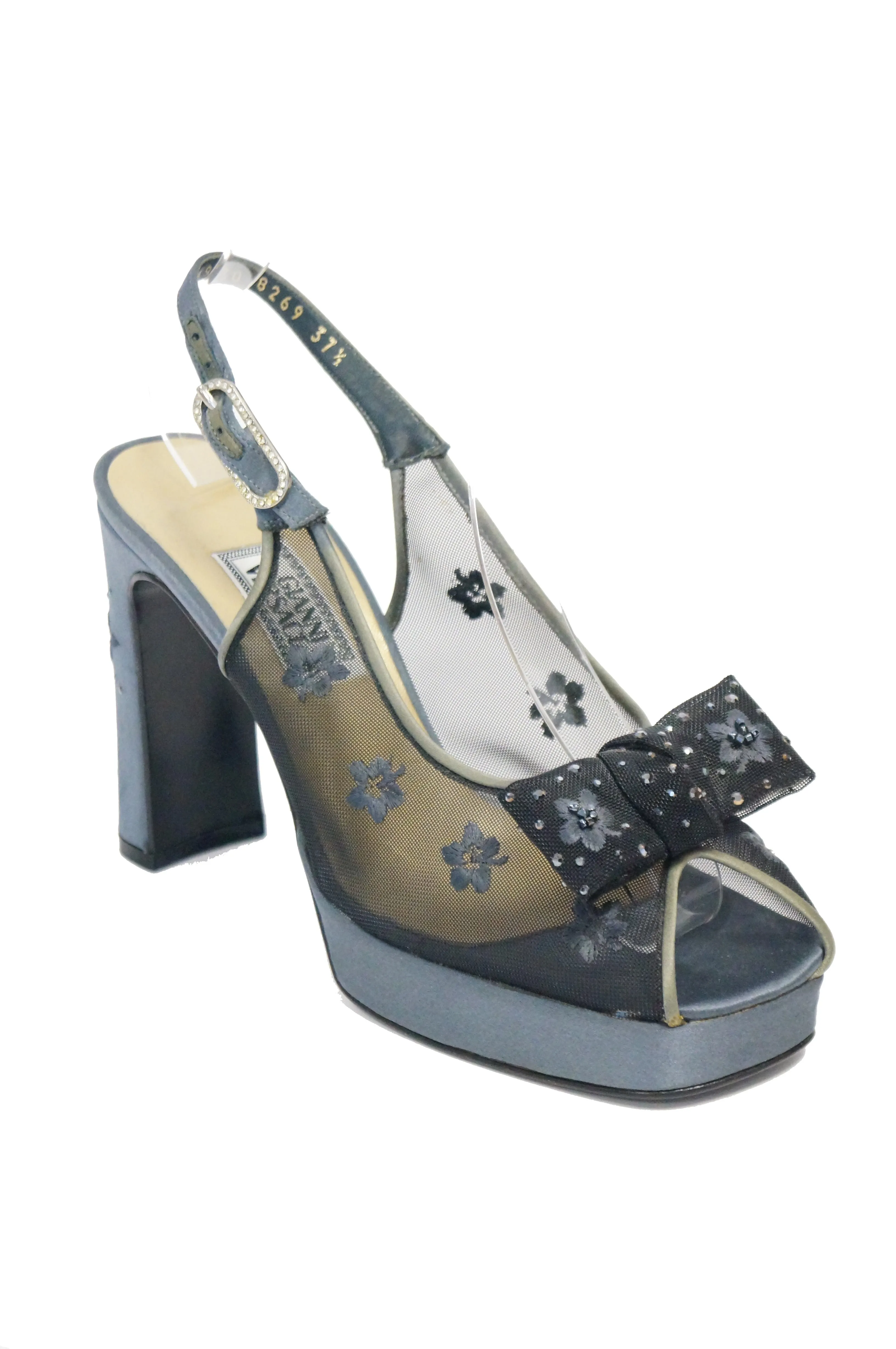 1990s Versace Slate Blue Italian Satin Peep Toe Floral Sequin Heels