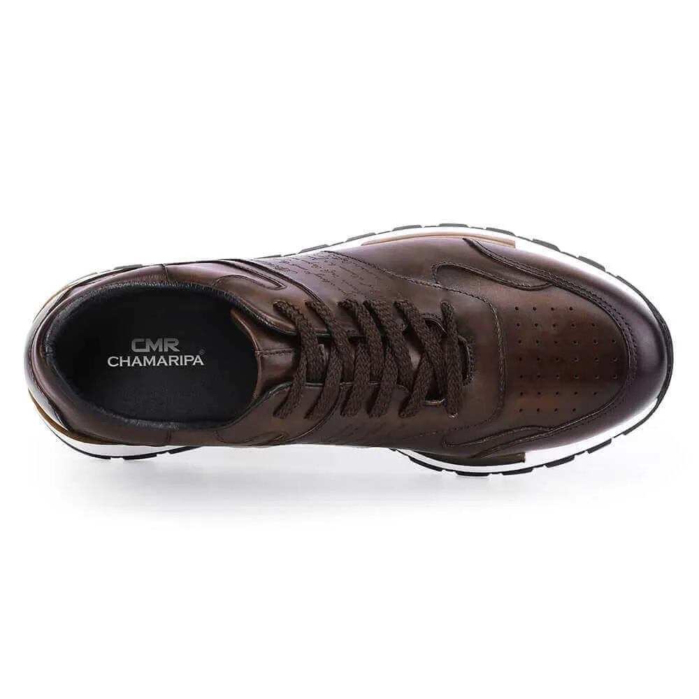 7CM/2.76 Inches CHAMARIPA - Elevator Shoes For Men - Height Increasing Shoes - Brown Calfskin Leather Casual Tall Men Shoes