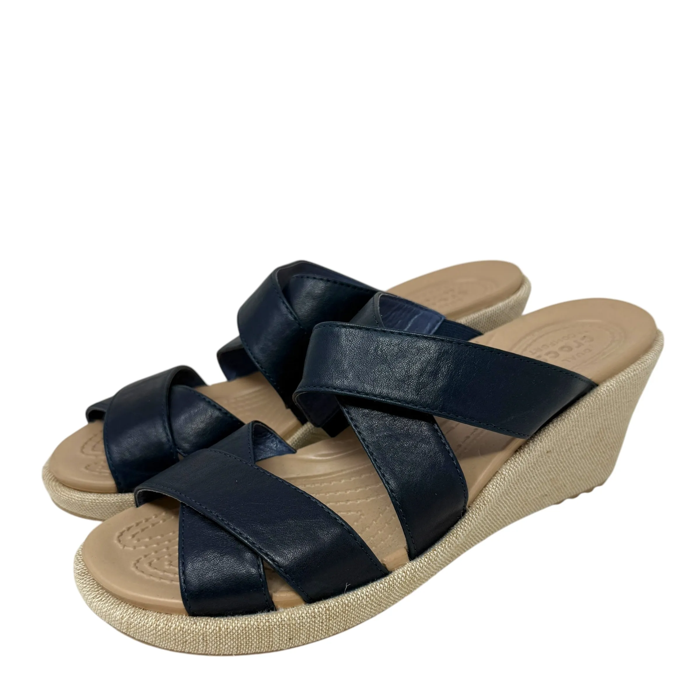 A-Leigh Crisscross Wedge Sandals By Crocs In Blue, Size: 8