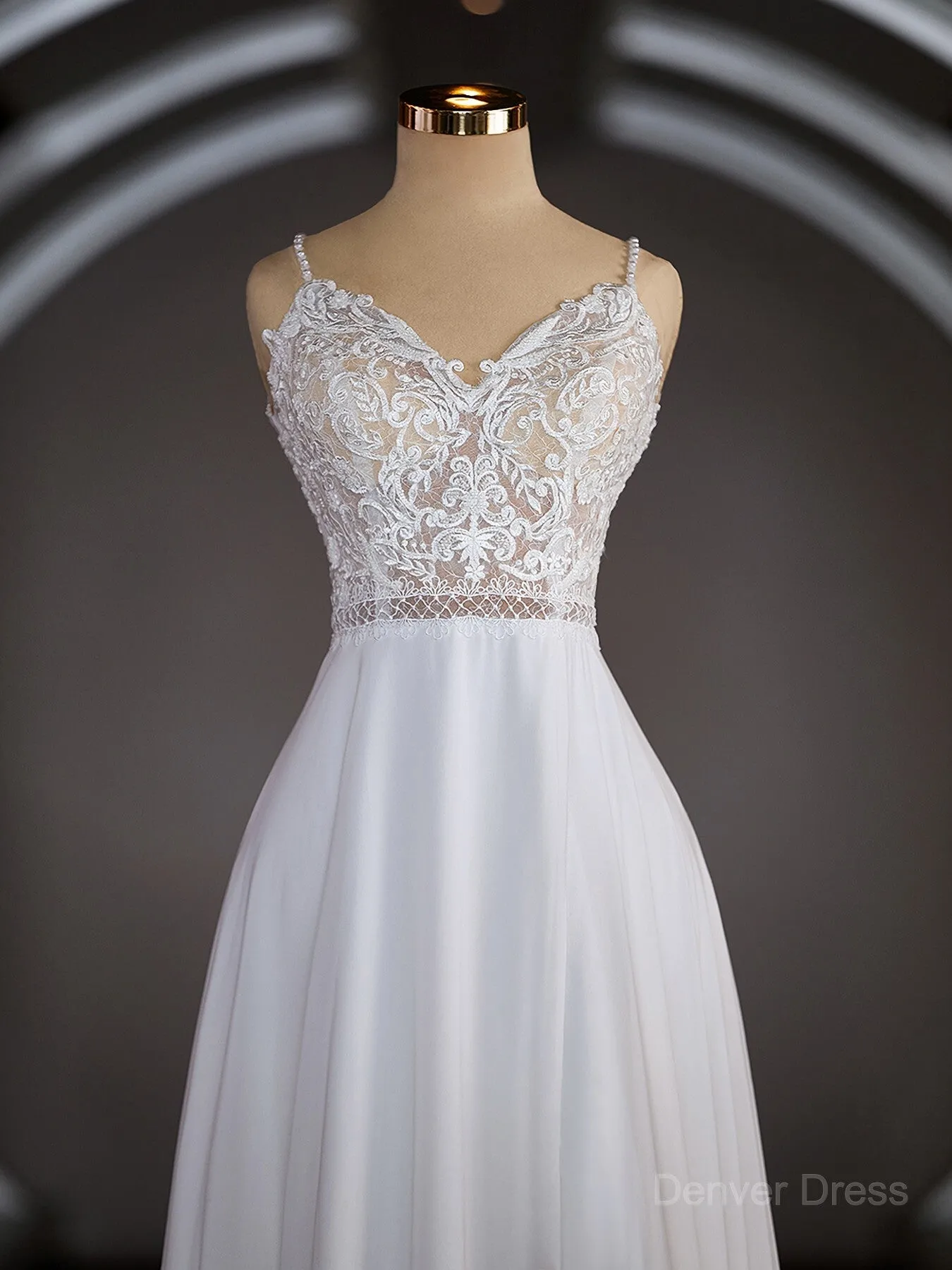 A-Line V-neck Court Train Chiffon Wedding Dresses with Leg Slit