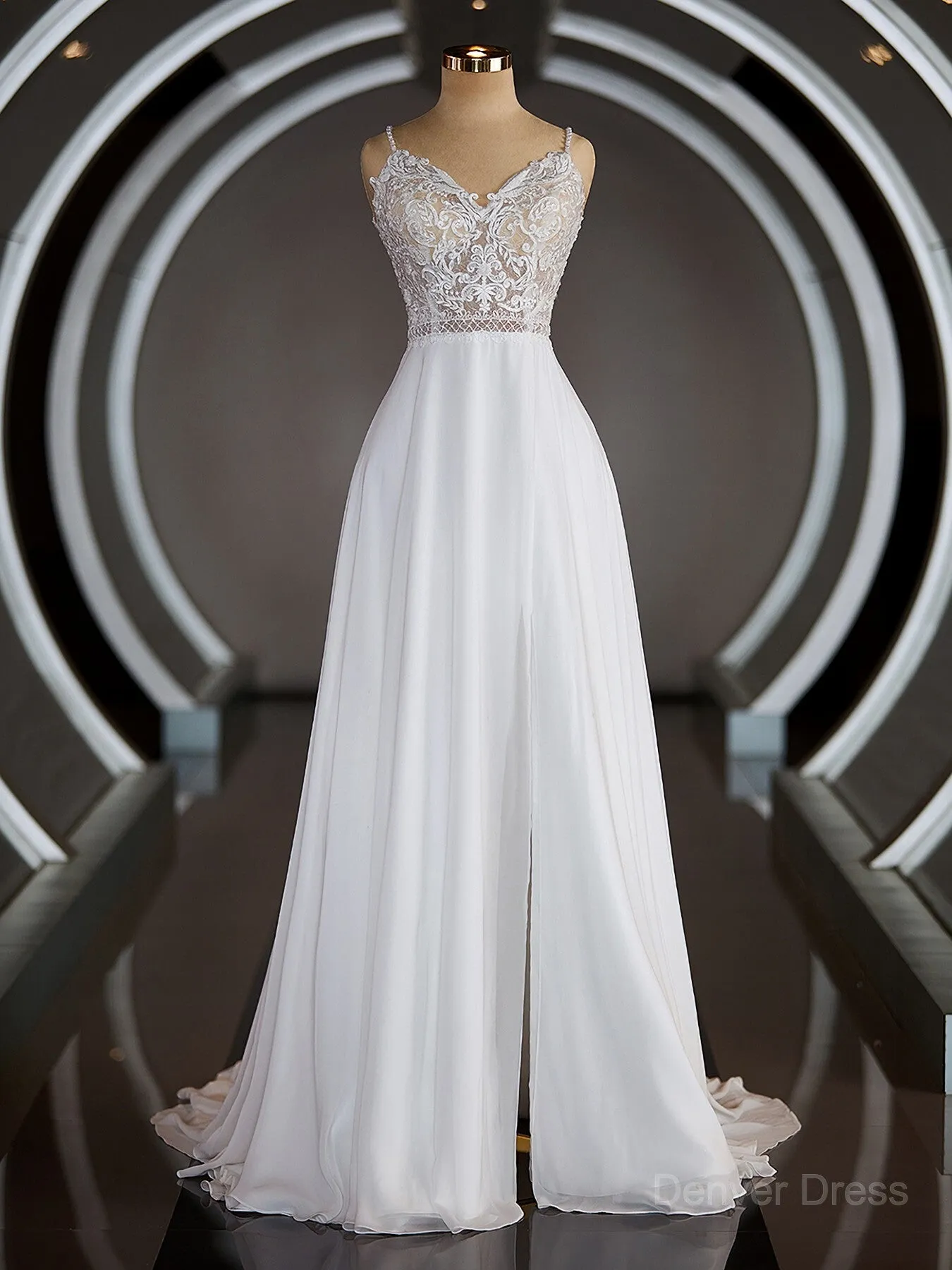 A-Line V-neck Court Train Chiffon Wedding Dresses with Leg Slit