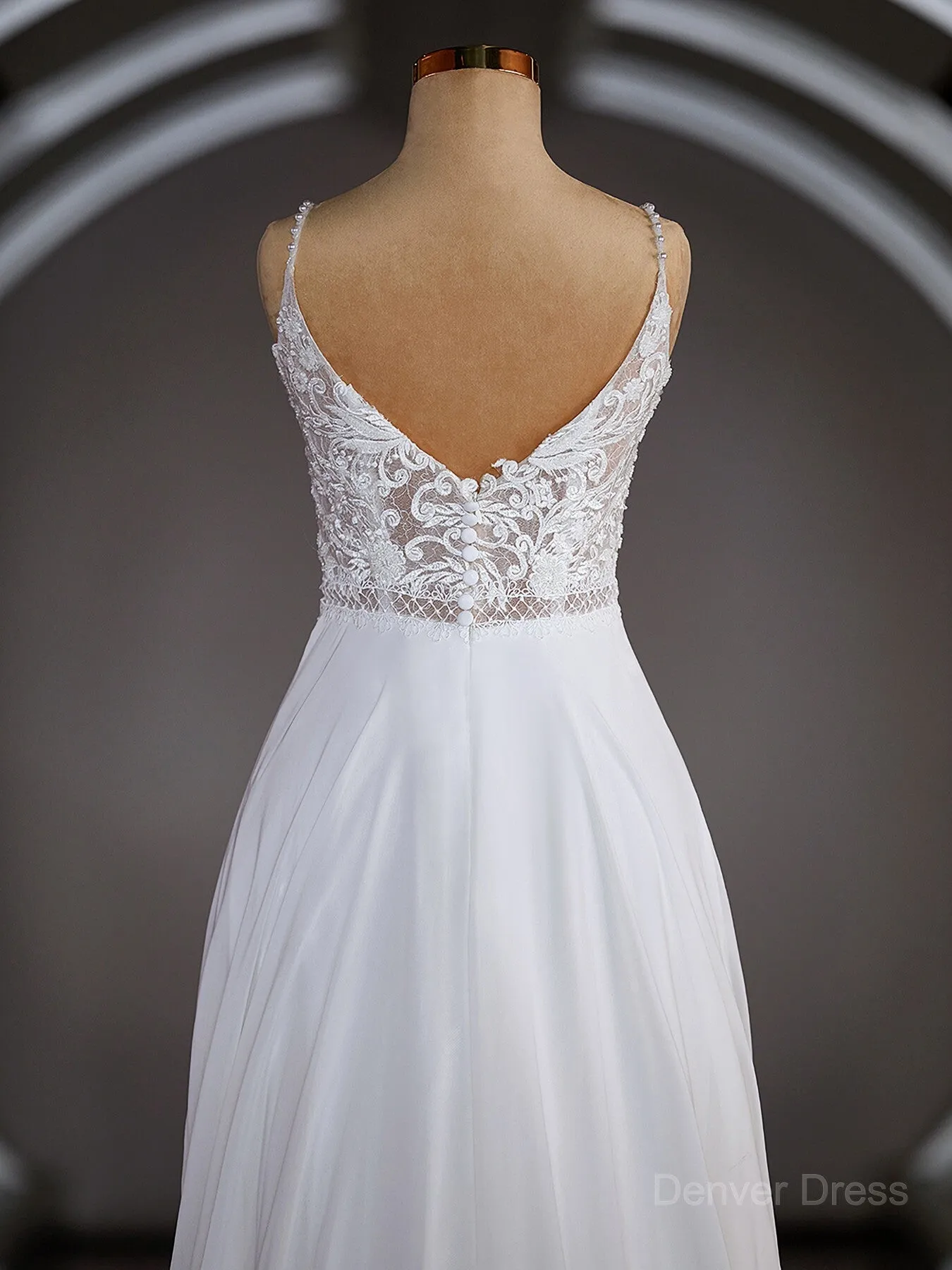 A-Line V-neck Court Train Chiffon Wedding Dresses with Leg Slit