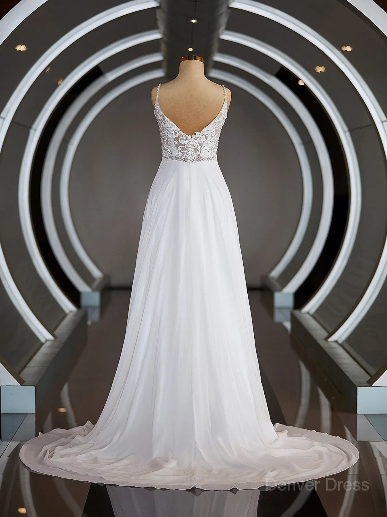 A-Line V-neck Court Train Chiffon Wedding Dresses with Leg Slit