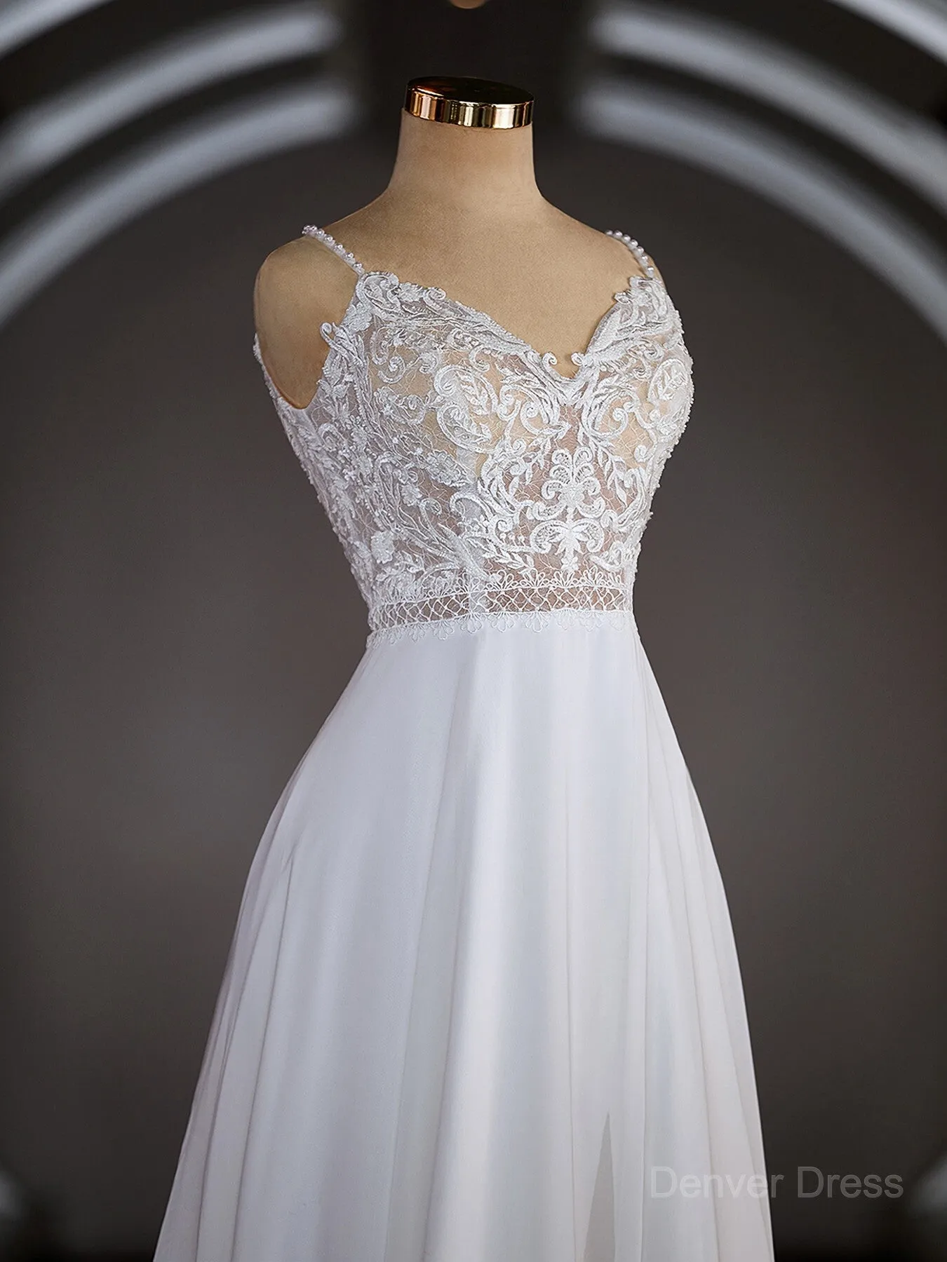 A-Line V-neck Court Train Chiffon Wedding Dresses with Leg Slit