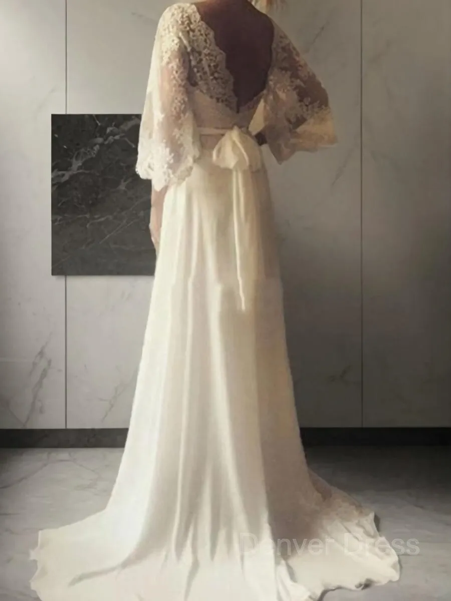 A-Line V-neck Court Train Lace Wedding Dresses With Sash