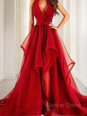 A-Line V-neck Court Train Organza Evening Dresses With Ruffles