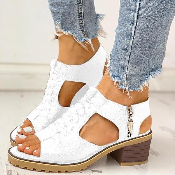 Amozae Peep Toe Cutout Zipper Chunky Heeled Sandals