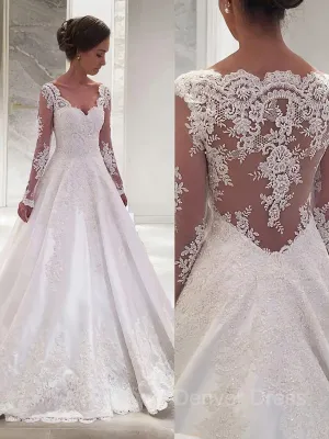 Ball Gown V-neck Court Train Satin Wedding Dresses With Appliques Lace