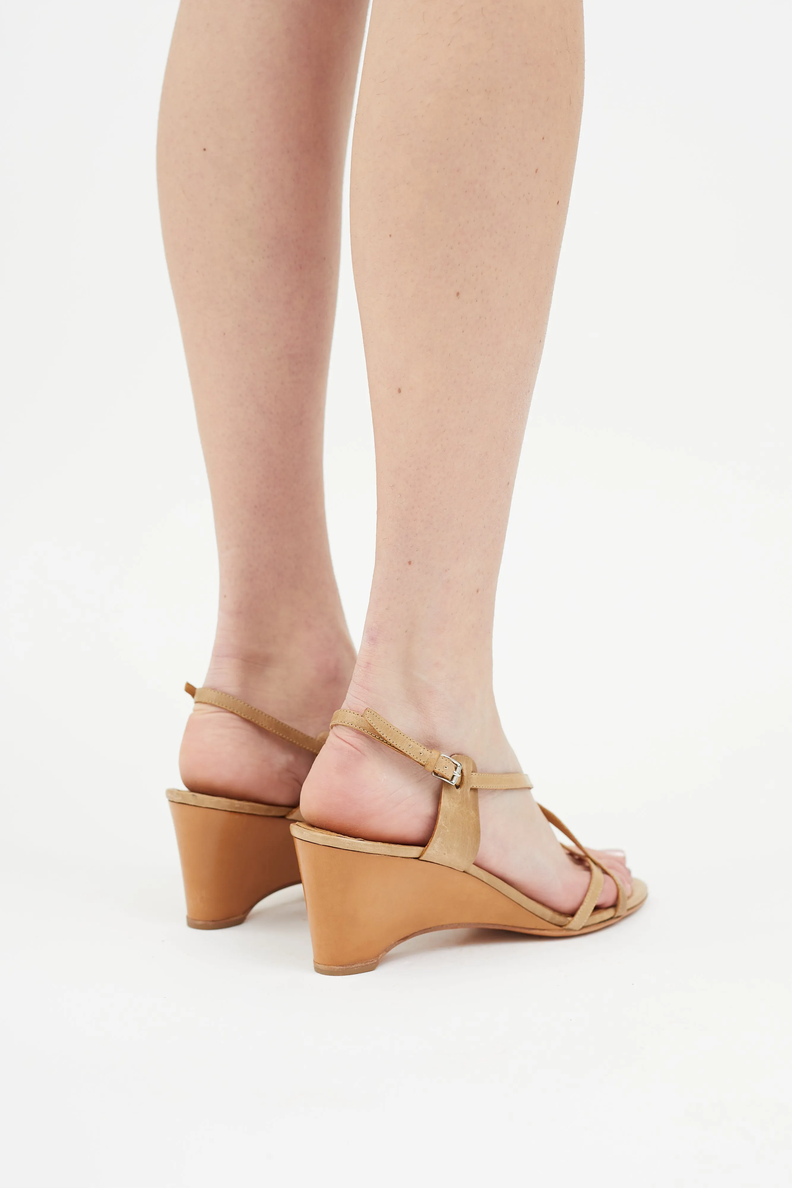 Beige Leather Strappy Sandal Wedge