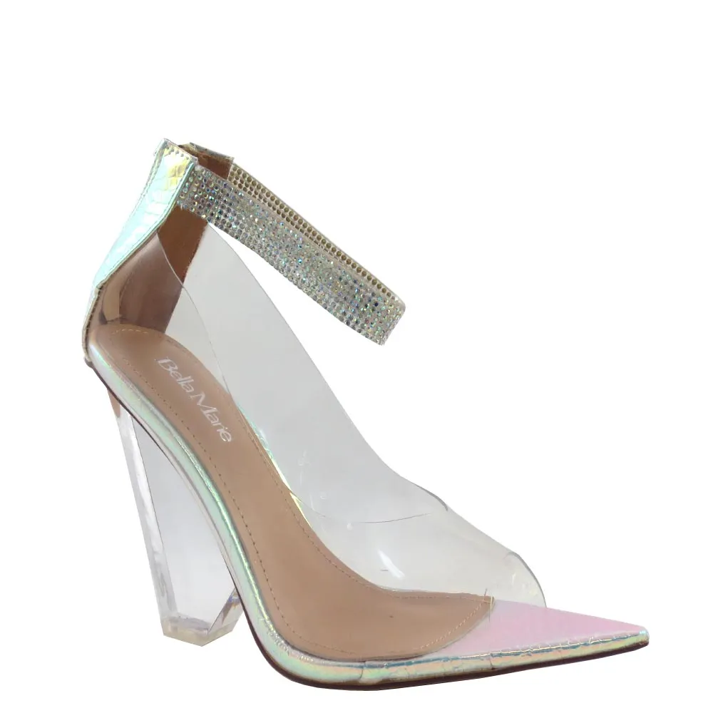 Bella Marie Pointy Peep Toe Rhinestone Detail Strap Clear Upper Clear Heels - Sane