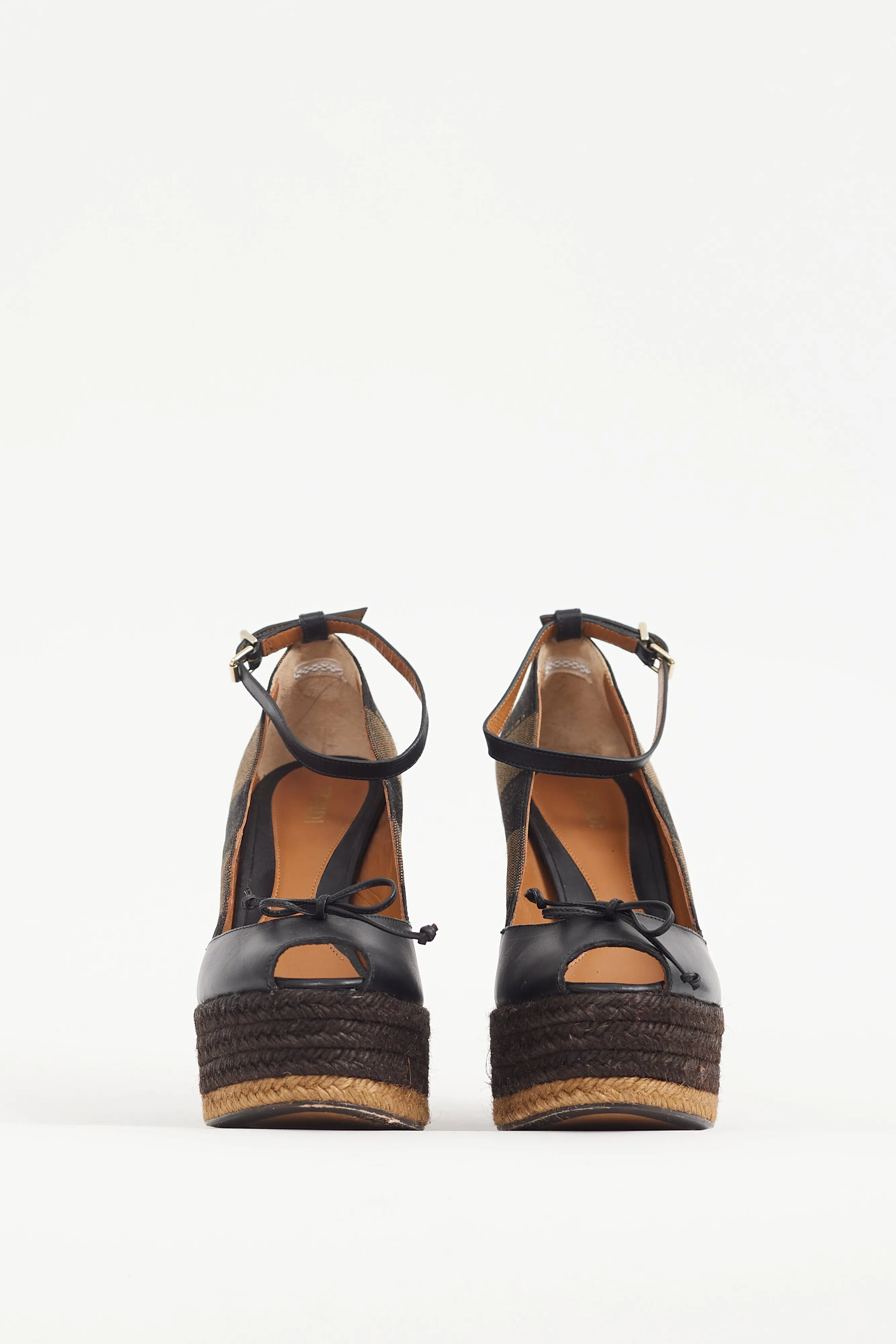 Black & Brown Leather & Canvas Espadrille Wedge Heel