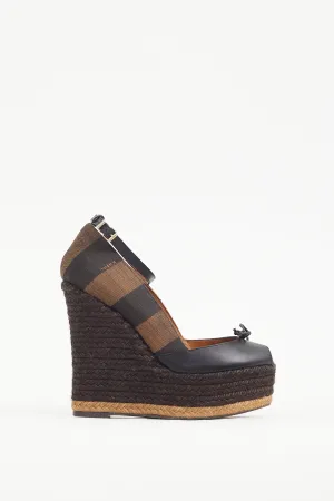 Black & Brown Leather & Canvas Espadrille Wedge Heel