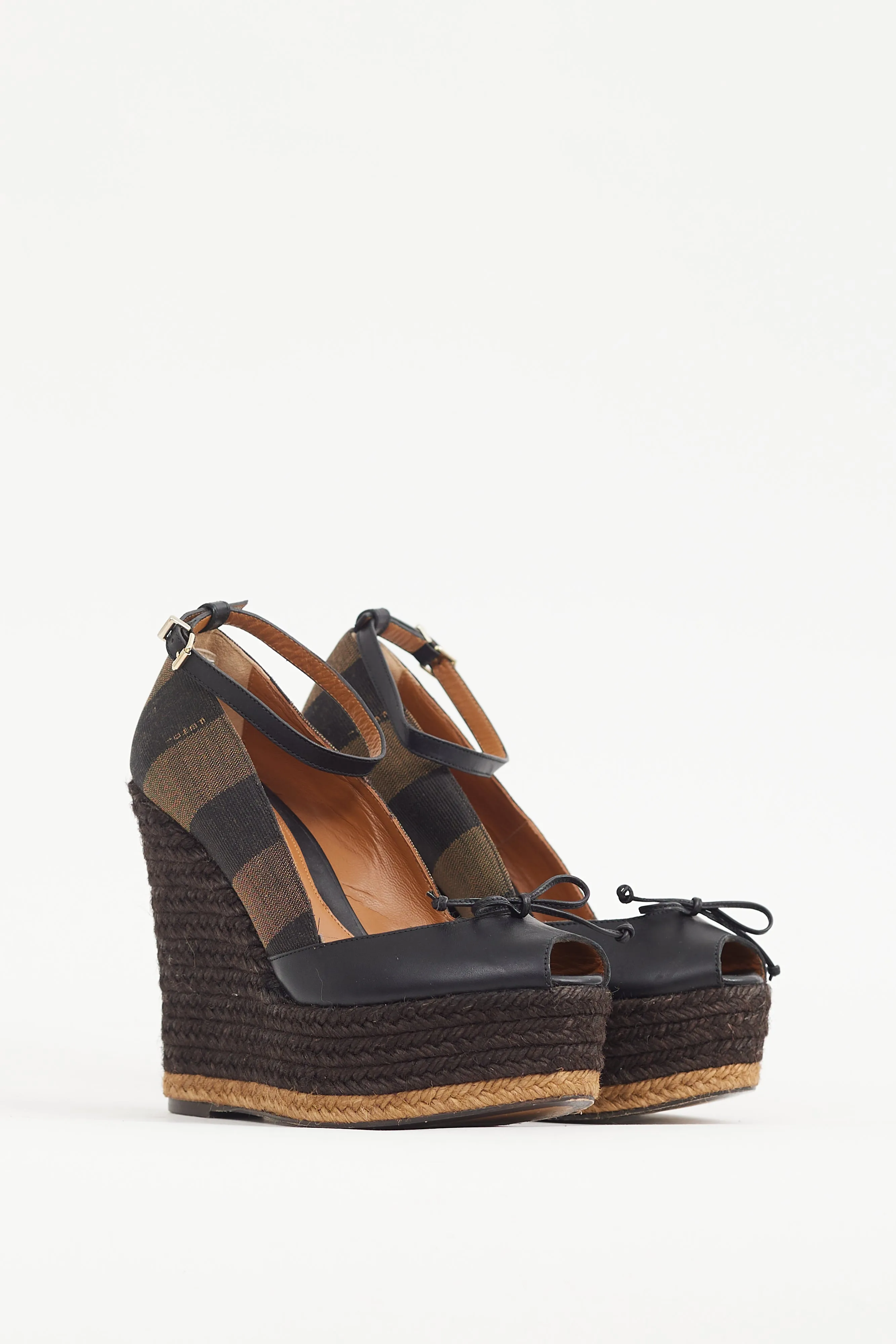 Black & Brown Leather & Canvas Espadrille Wedge Heel