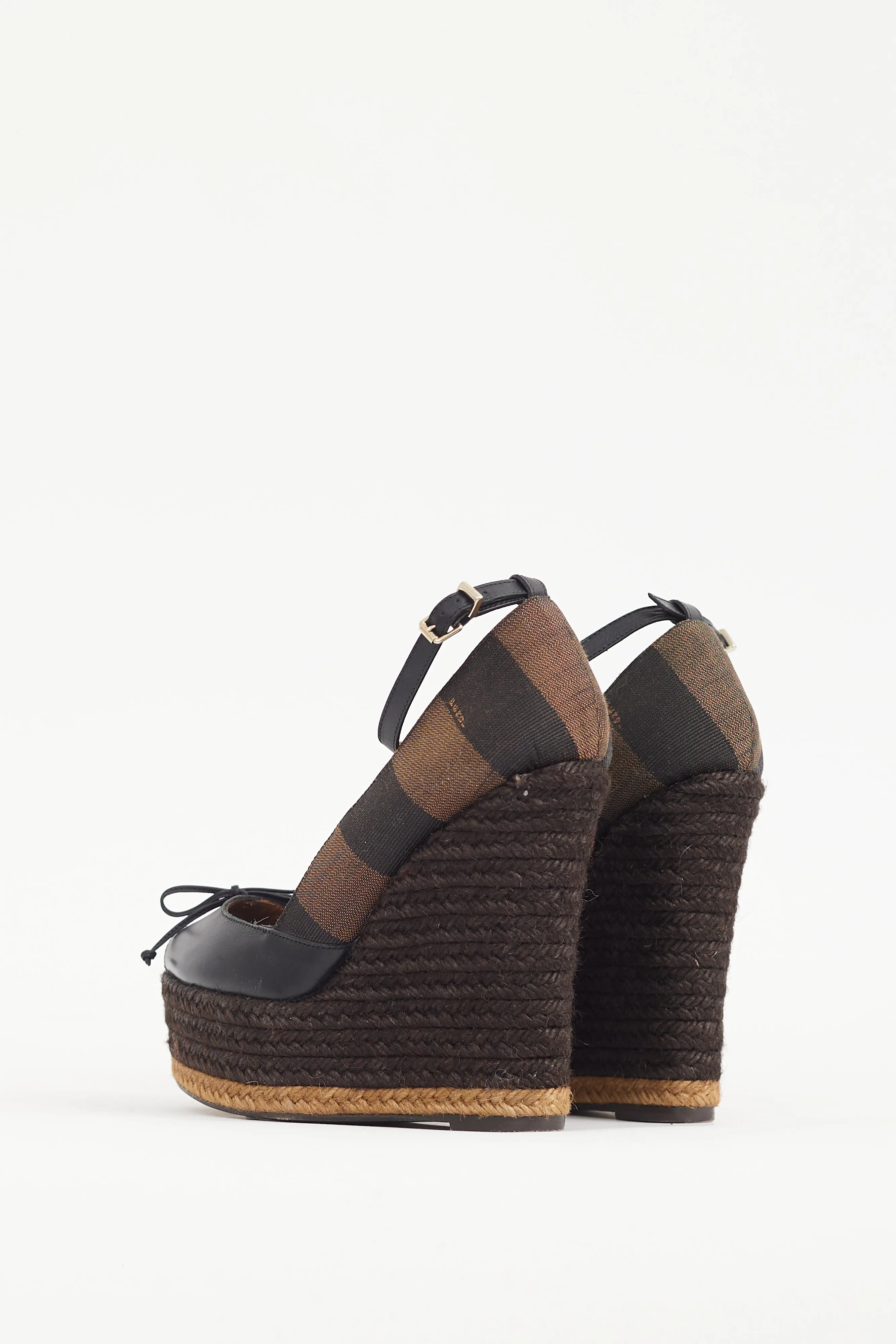 Black & Brown Leather & Canvas Espadrille Wedge Heel