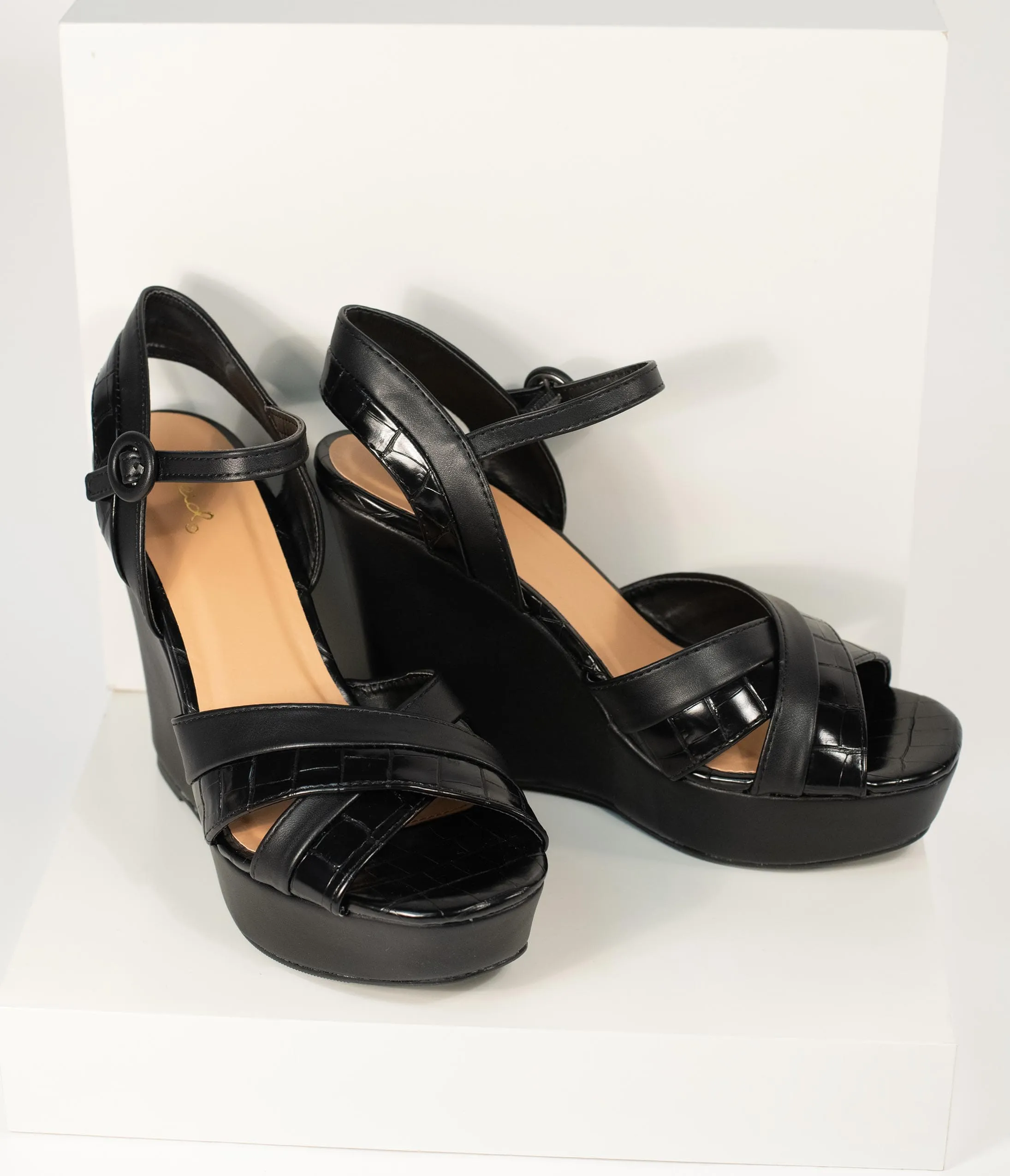 Black Crocodile Embossed Cross Wedge Sandals