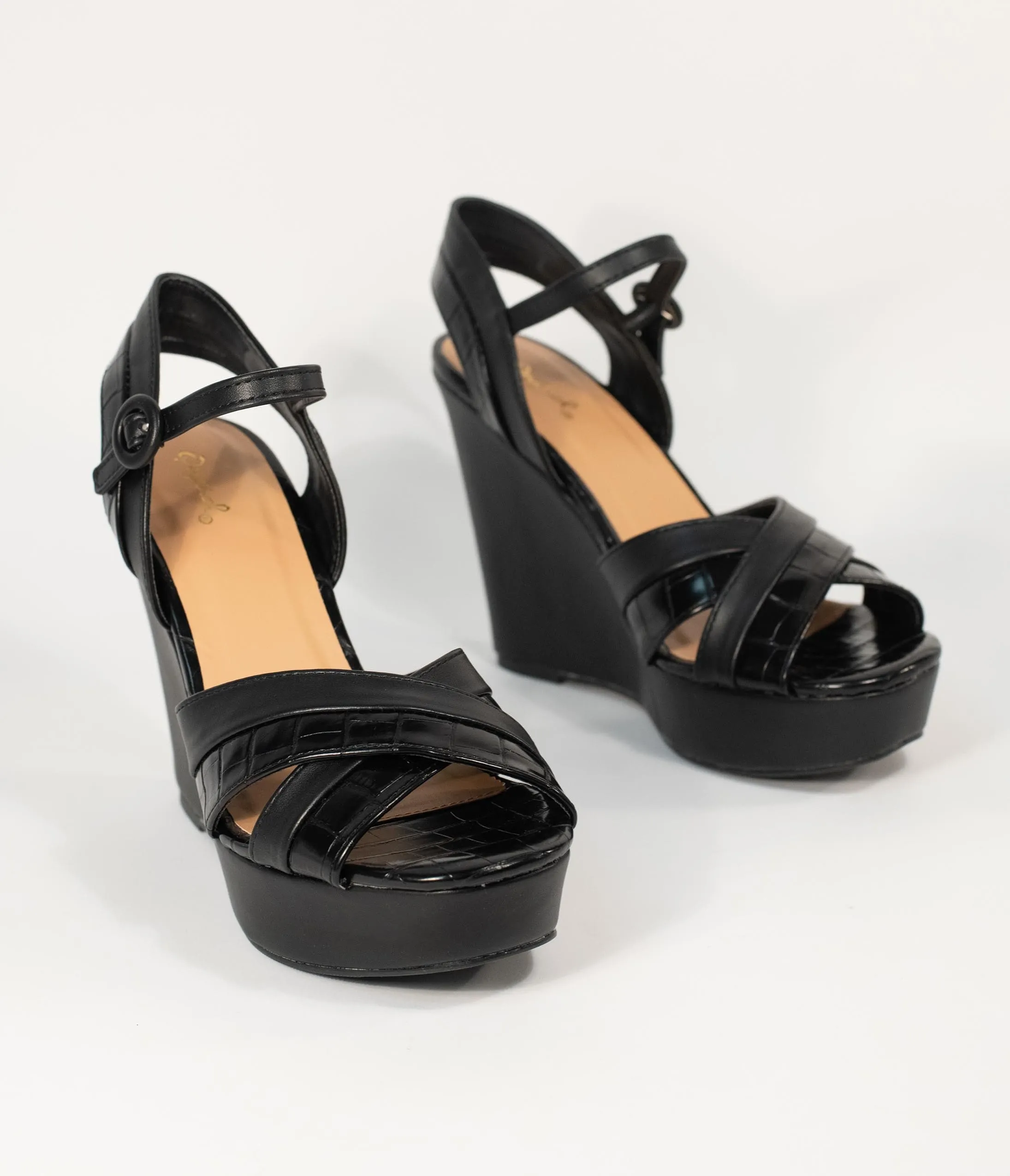 Black Crocodile Embossed Cross Wedge Sandals