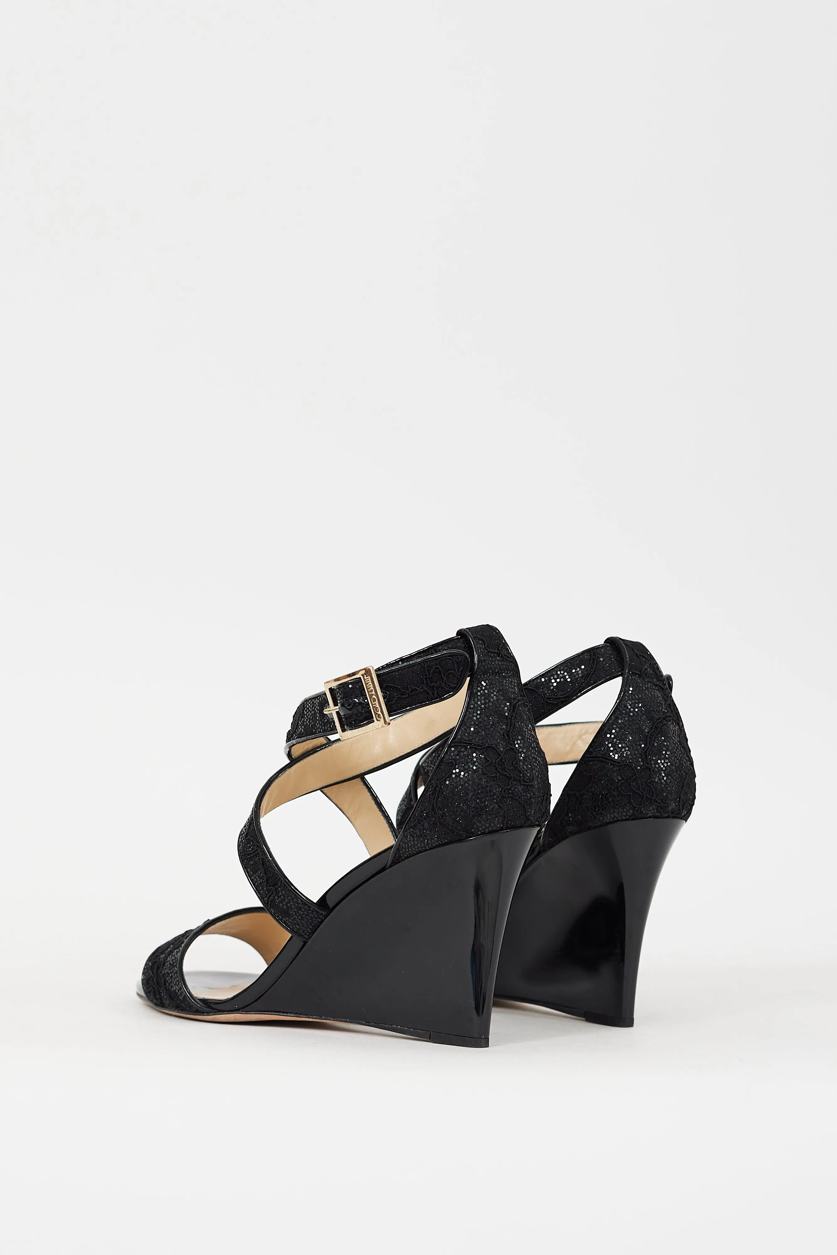 Black Glitter Floral Lace Fearne Wedge