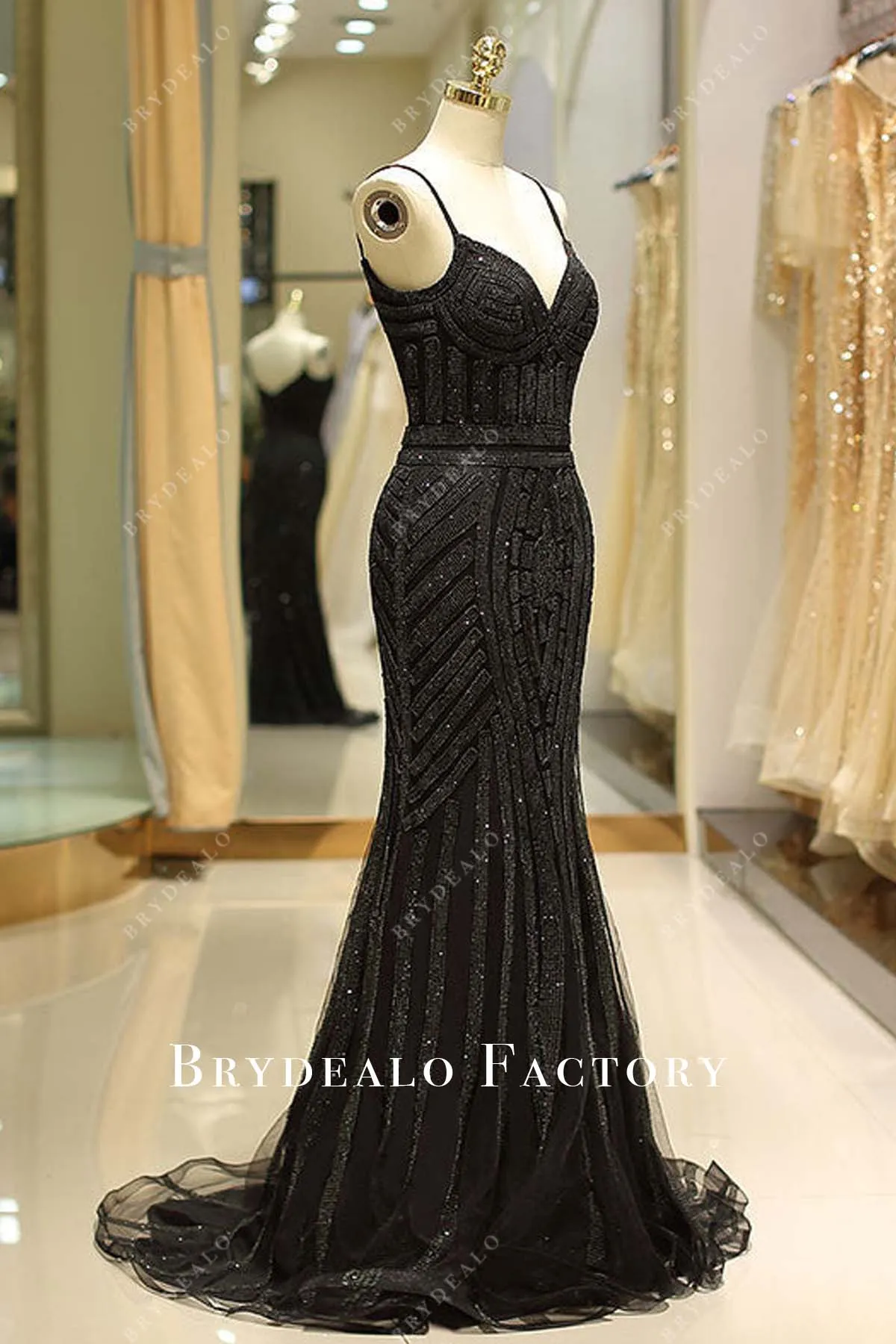 Black Glitter Spaghetti Straps Mermaid Evening Formal Dress