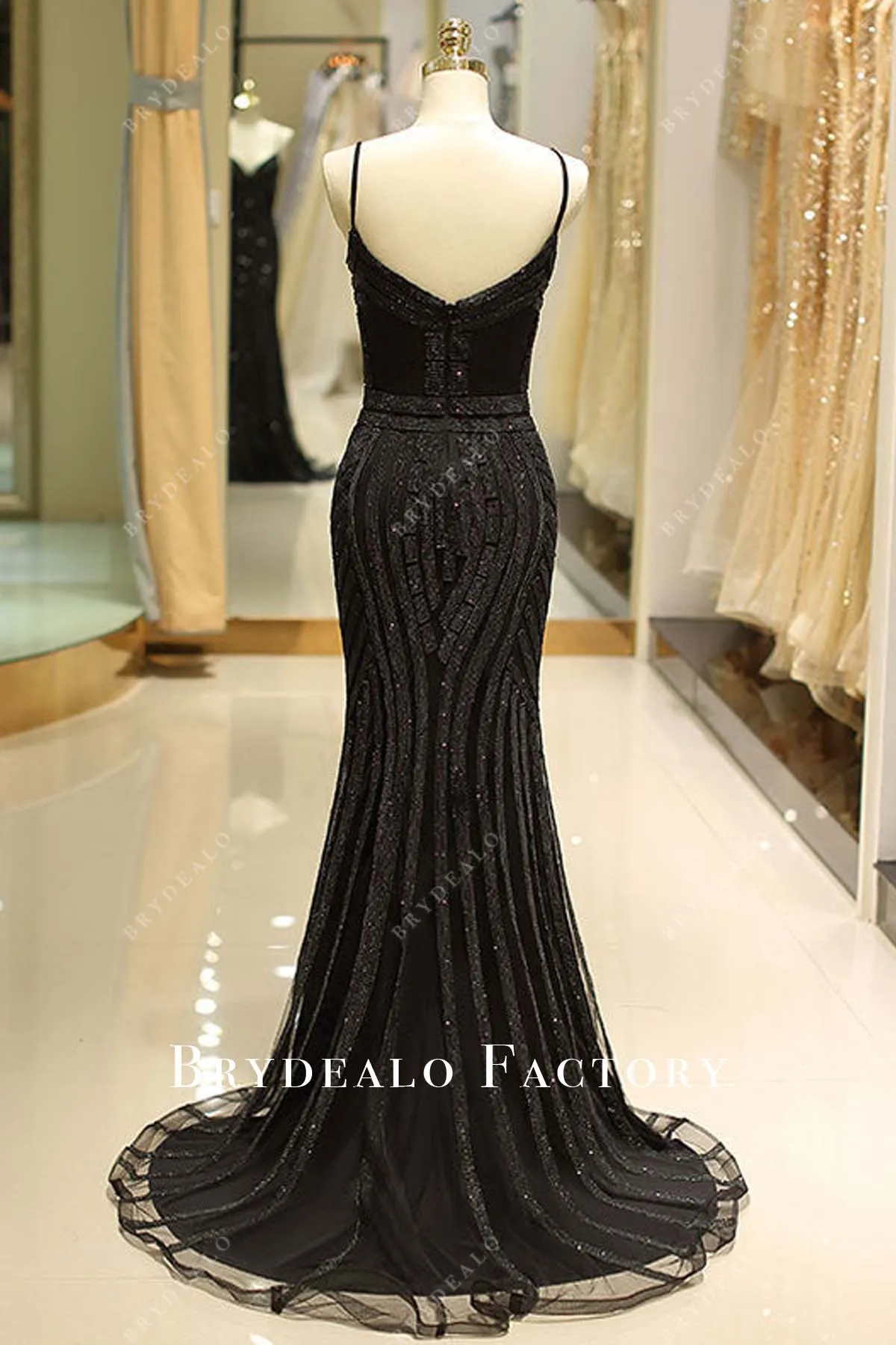 Black Glitter Spaghetti Straps Mermaid Evening Formal Dress