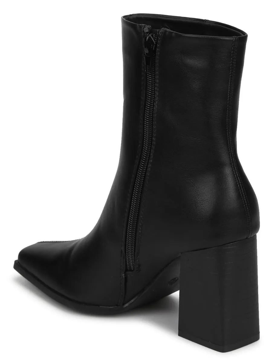 Black PU Side Zip Block Heel Ankle Boots