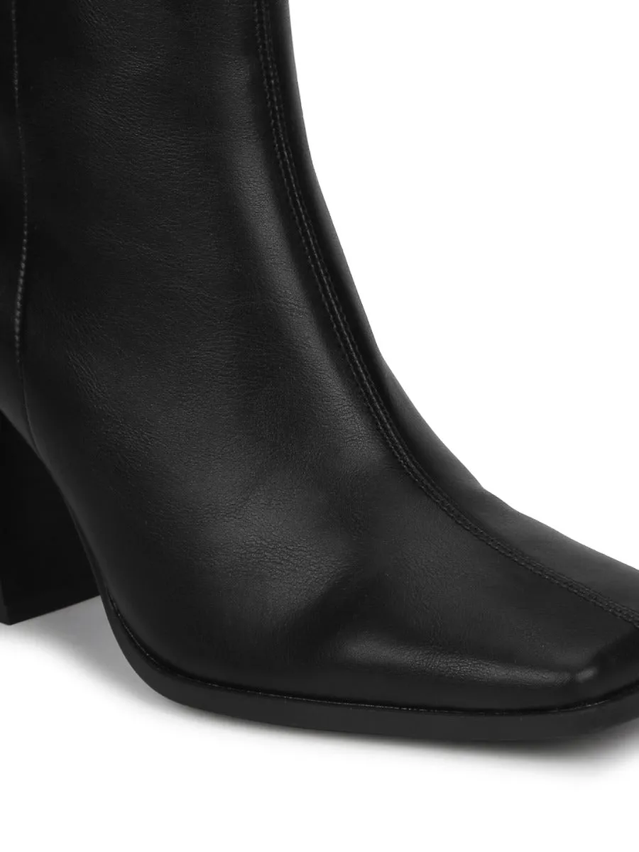 Black PU Side Zip Block Heel Ankle Boots