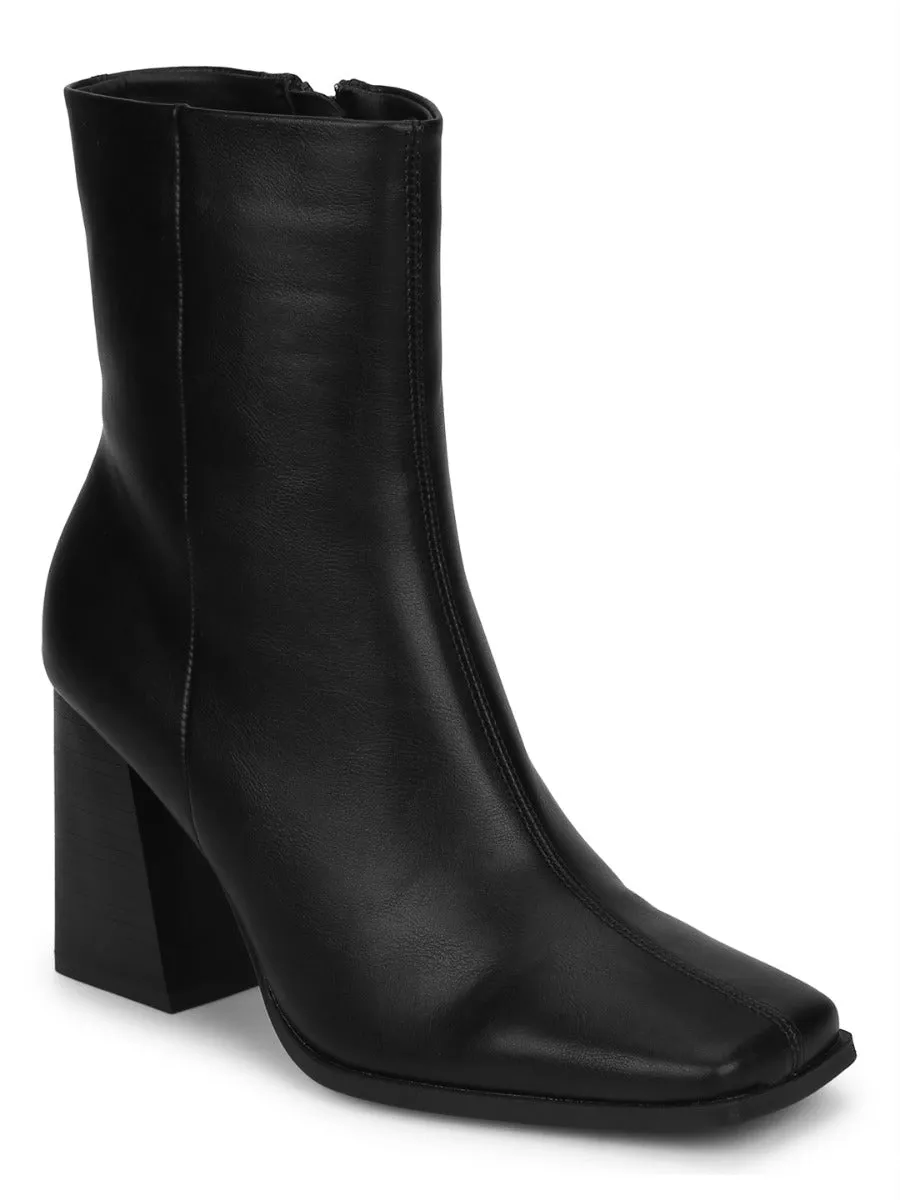 Black PU Side Zip Block Heel Ankle Boots