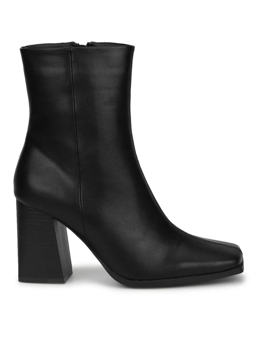 Black PU Side Zip Block Heel Ankle Boots