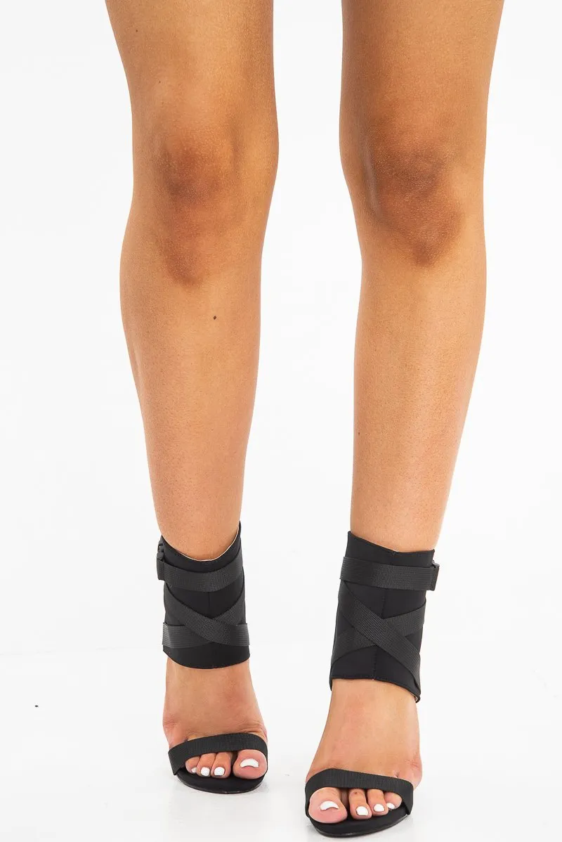 Black Strappy Buckle Detail Barely There Stiletto Heels - Maeven