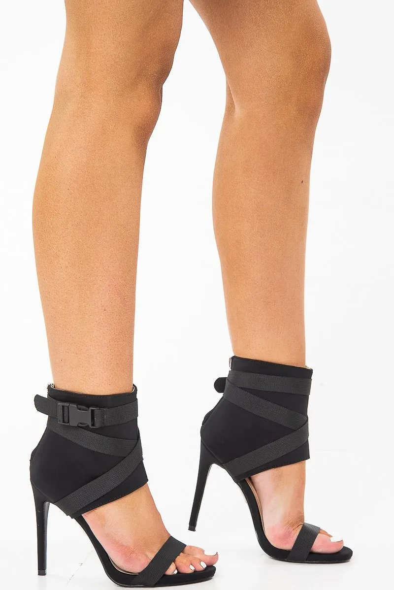 Black Strappy Buckle Detail Barely There Stiletto Heels - Maeven