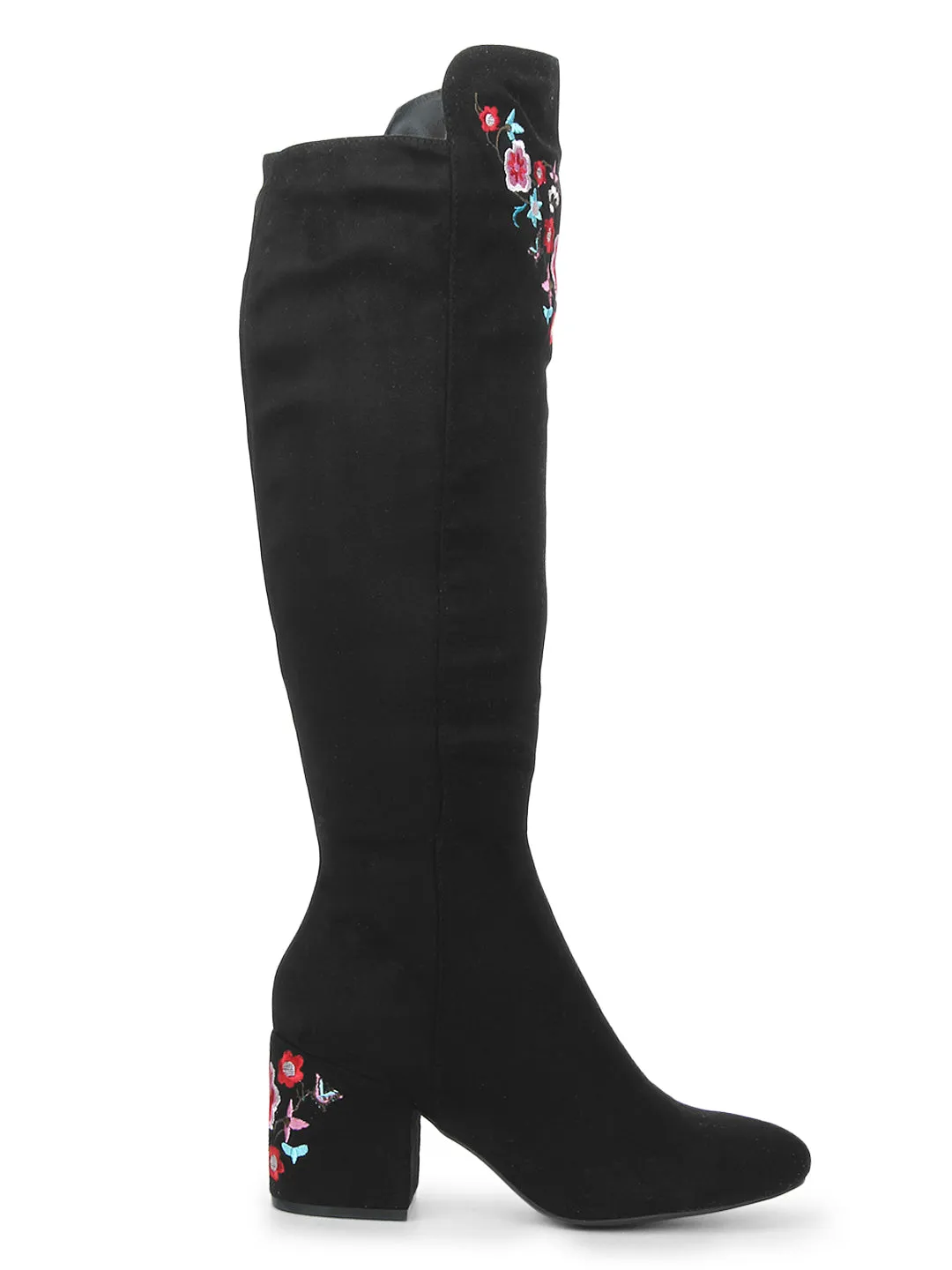 Black Suede Embroidered Long Boots