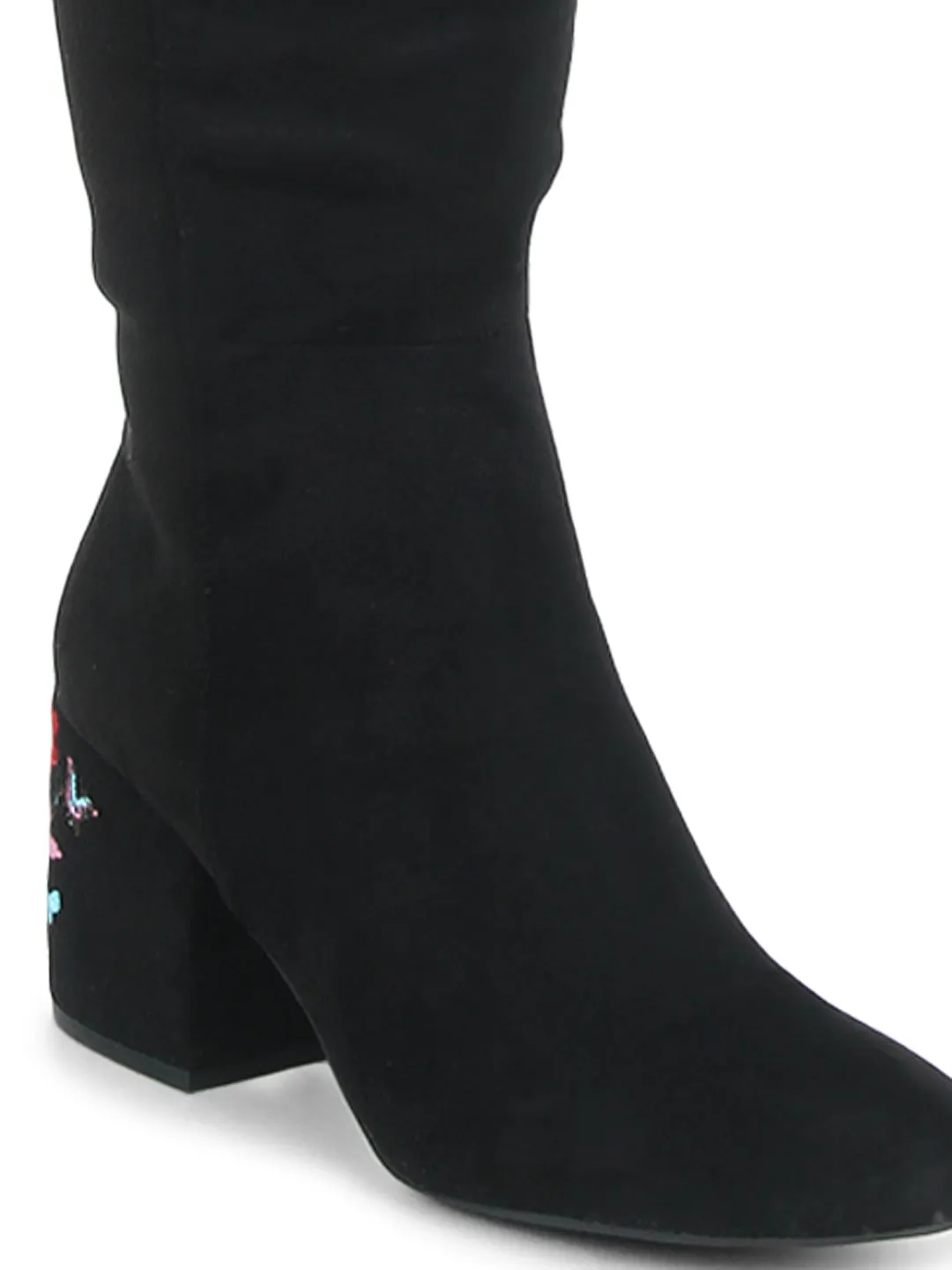 Black Suede Embroidered Long Boots