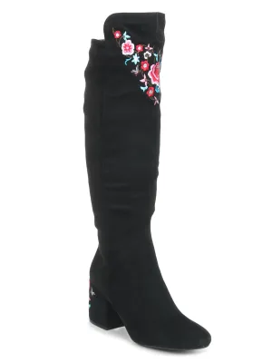 Black Suede Embroidered Long Boots