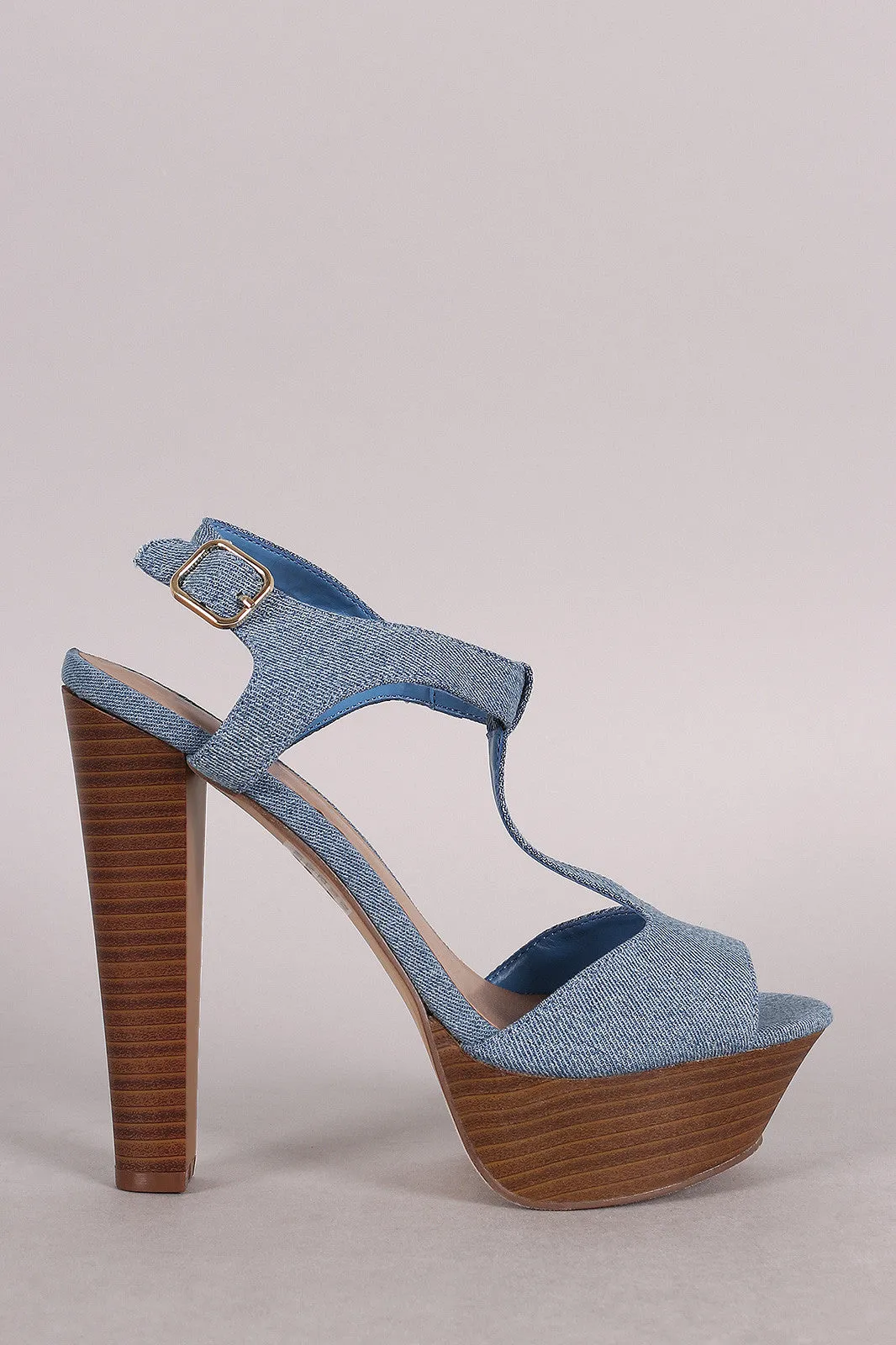 Breckelle Denim T-Strap Peep Toe Platform Heel