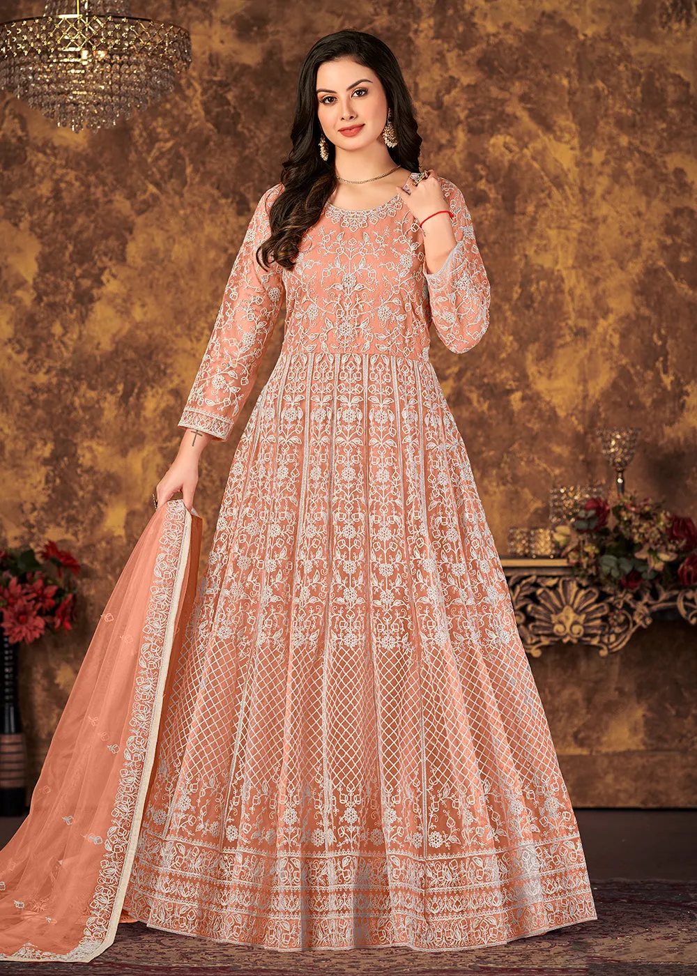 Brilliant Peach Cording Embroidered Wedding Anarkali Dress