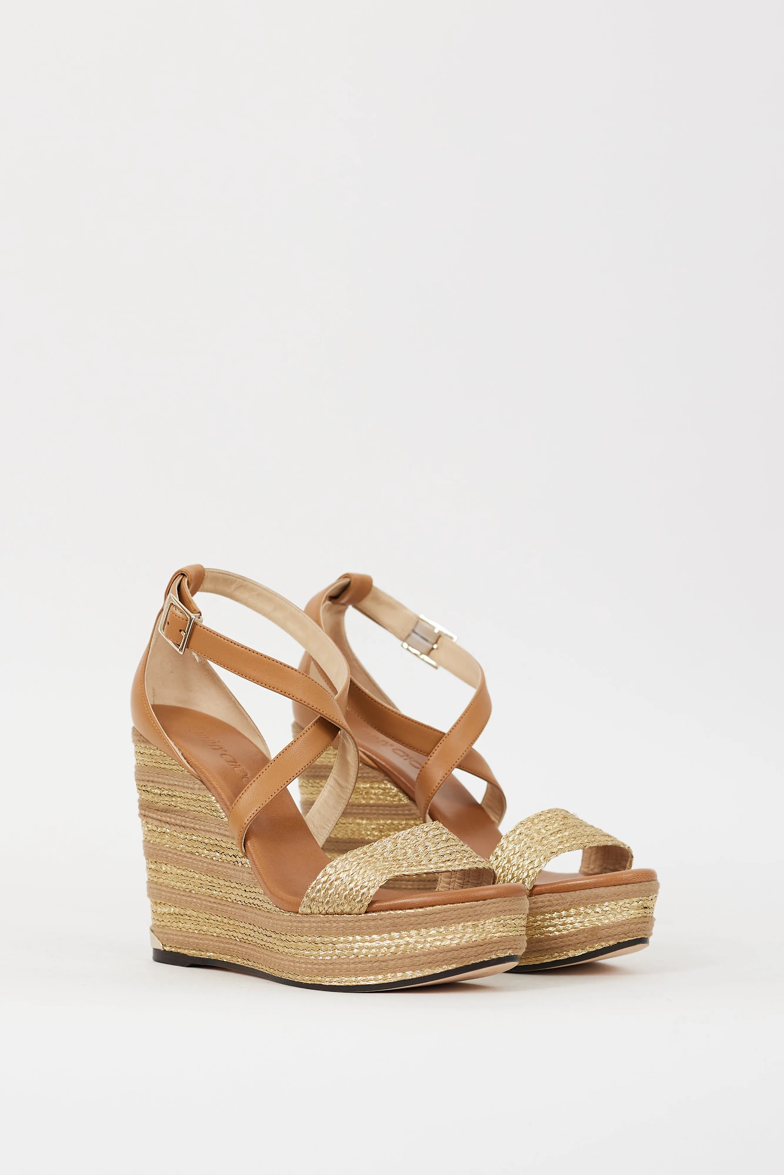 Brown & Gold Leather Braided Portia 120 Wedge