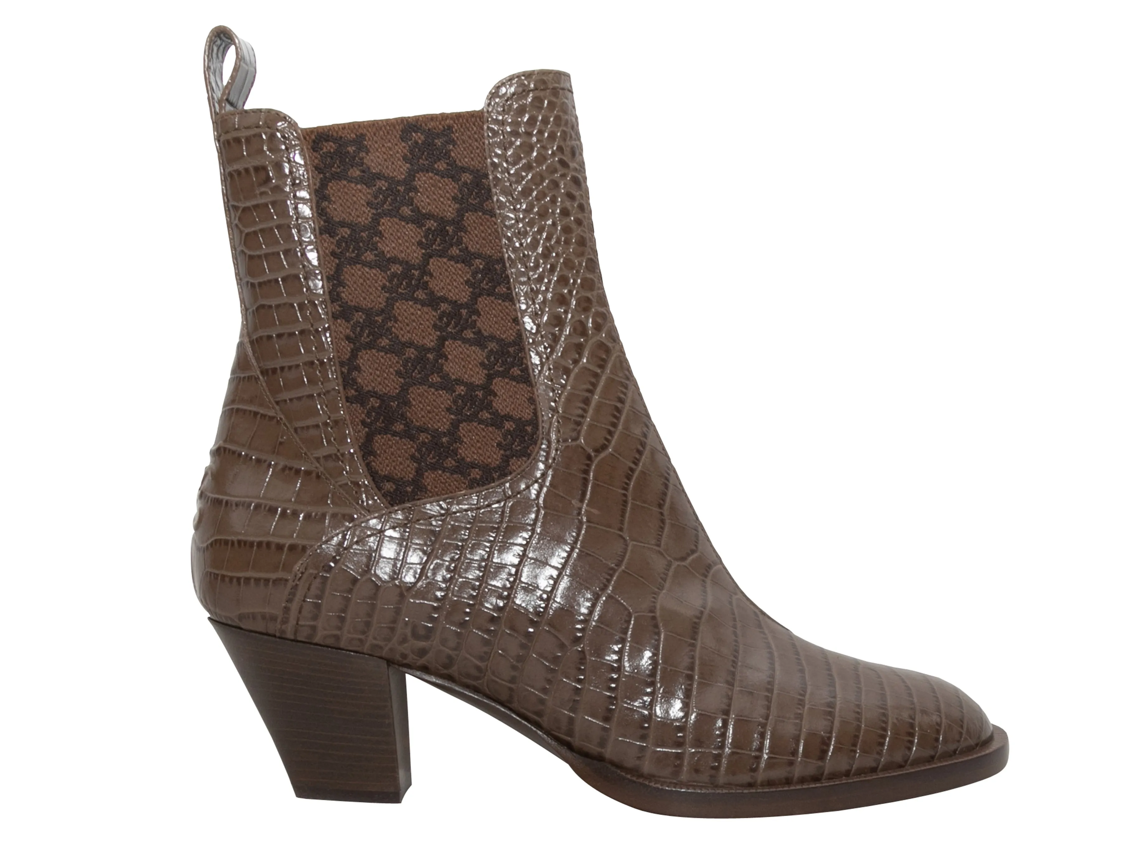 Brown Fendi Embossed Croc Heeled Ankle Boots Size 38