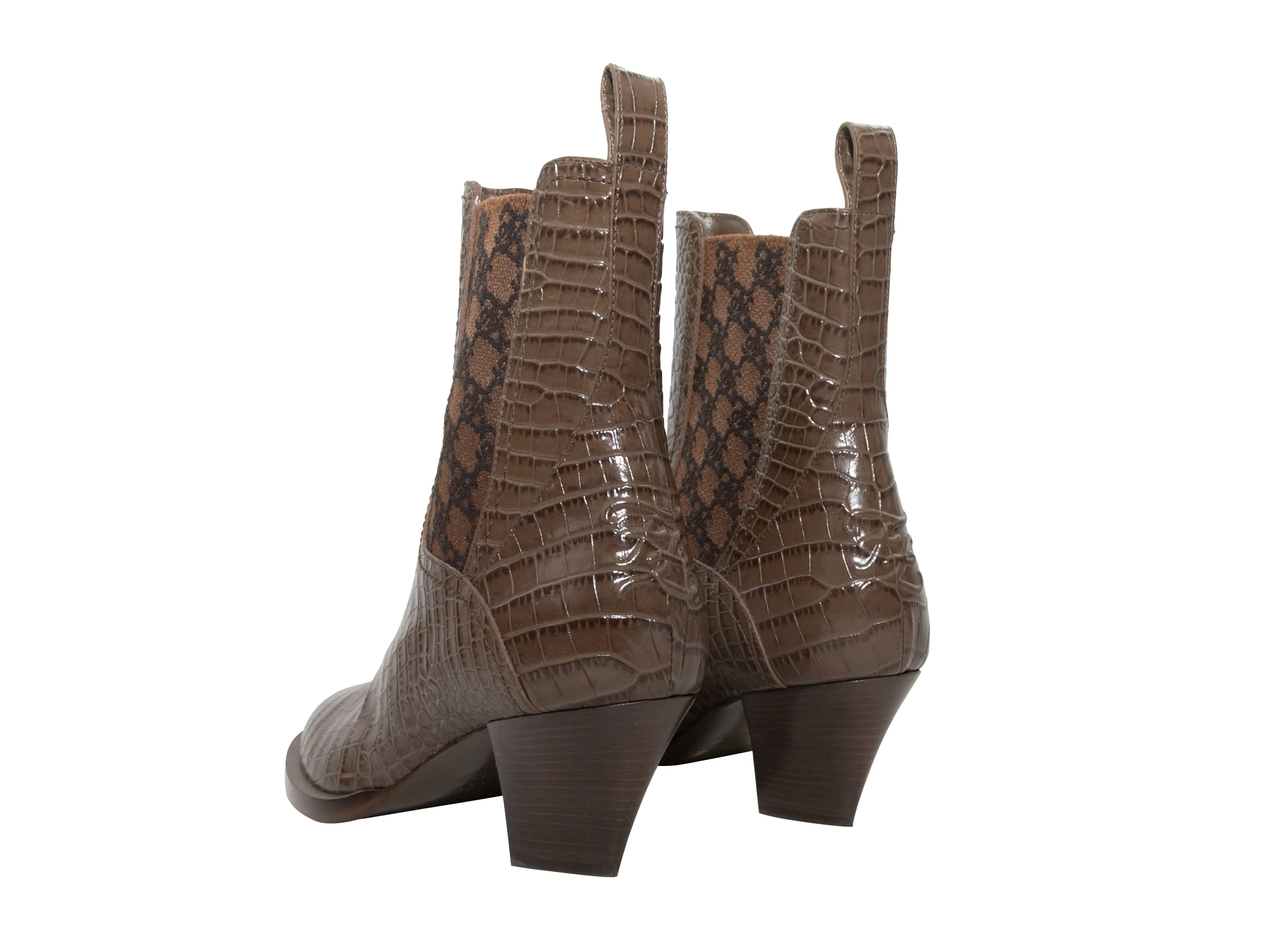 Brown Fendi Embossed Croc Heeled Ankle Boots Size 38