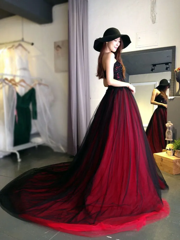 Burgundy Lace Tulle A Line Strapless Long Prom Dresses OK947