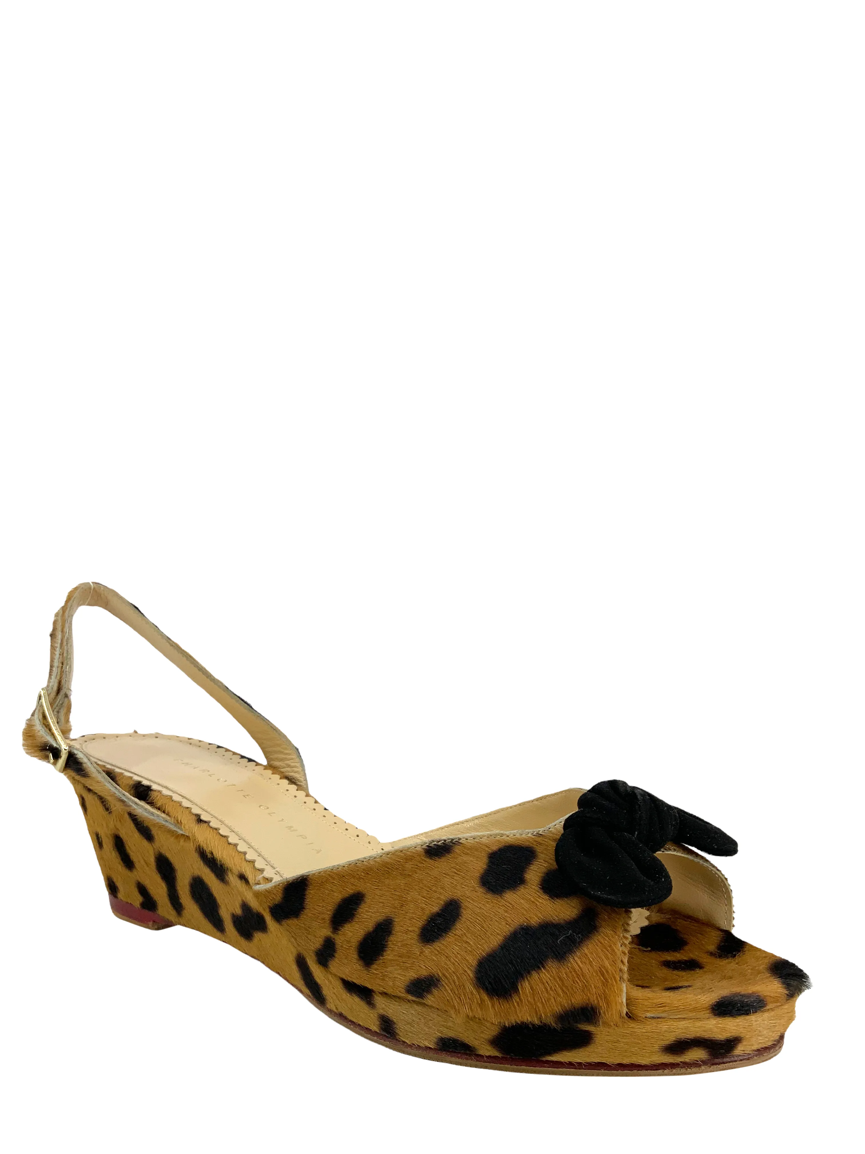 Charlotte Olympia Leopard Print Calf Hair Slingback Wedges Size 11