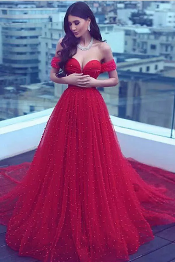 Charming A-Line Off-the-Shoulder Court Train Red Tulle Prom Dresses OK915