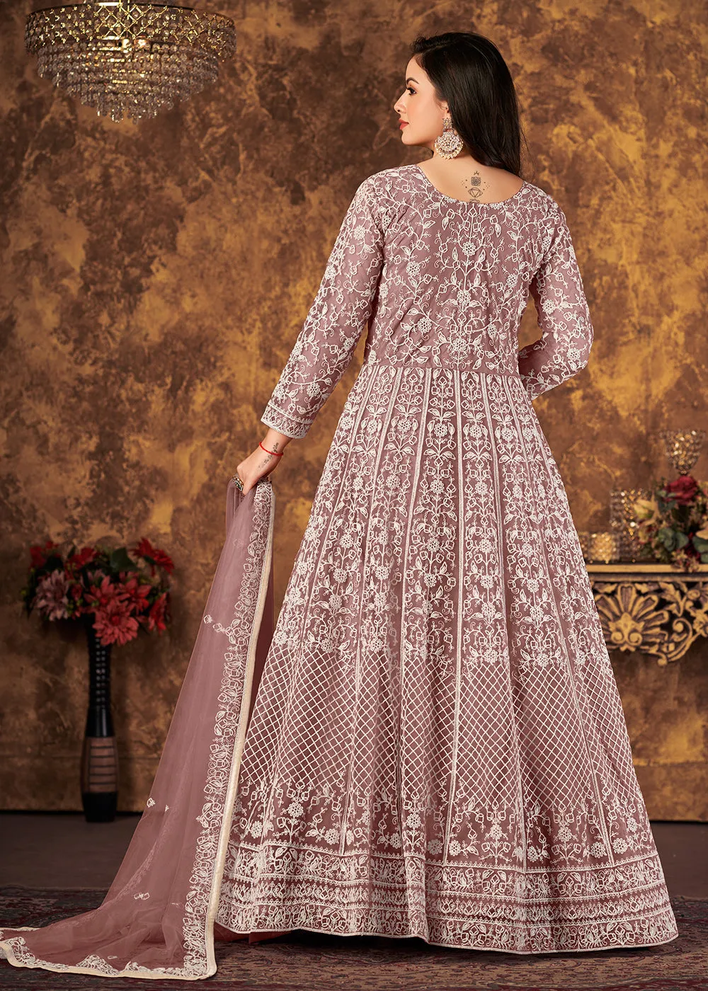 Charming Mauve Cording Embroidered Wedding Anarkali Dress