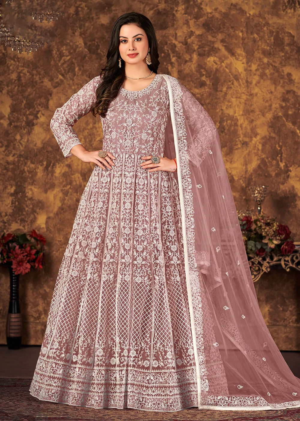 Charming Mauve Cording Embroidered Wedding Anarkali Dress