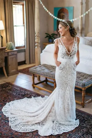 Charming V-Neck Sleeveless Mermaid Backless Lace Pocket Wedding Dresses With Court Train OK598