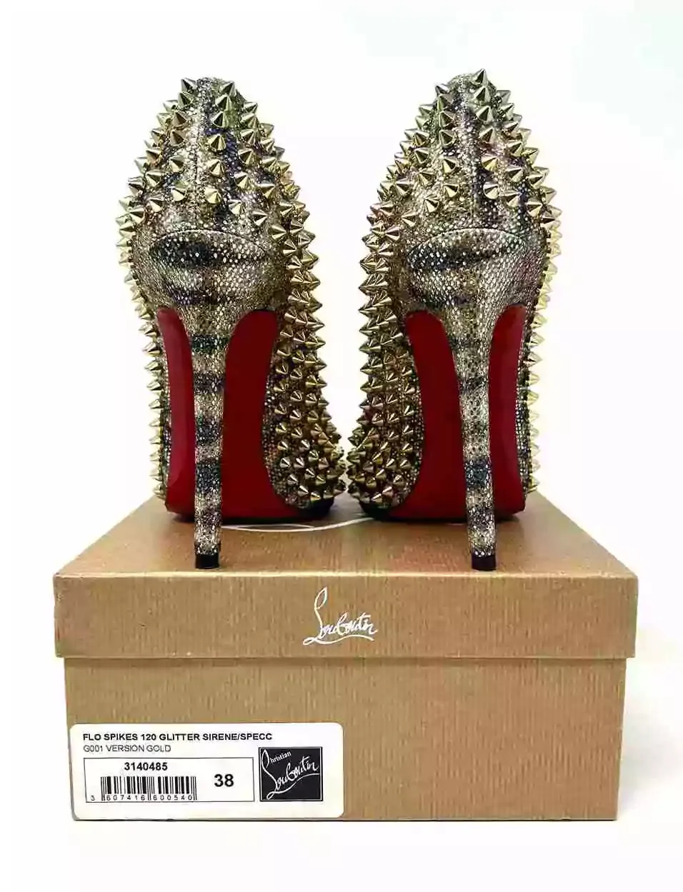 Christian Louboutin Flo Spikes 120 Glitter Sirene Gold Peep Toe Heels 38 UK 5