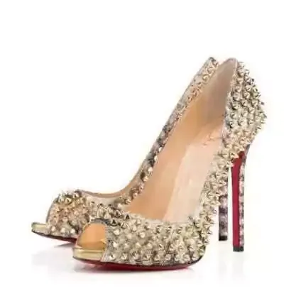 Christian Louboutin Flo Spikes 120 Glitter Sirene Gold Peep Toe Heels 38 UK 5