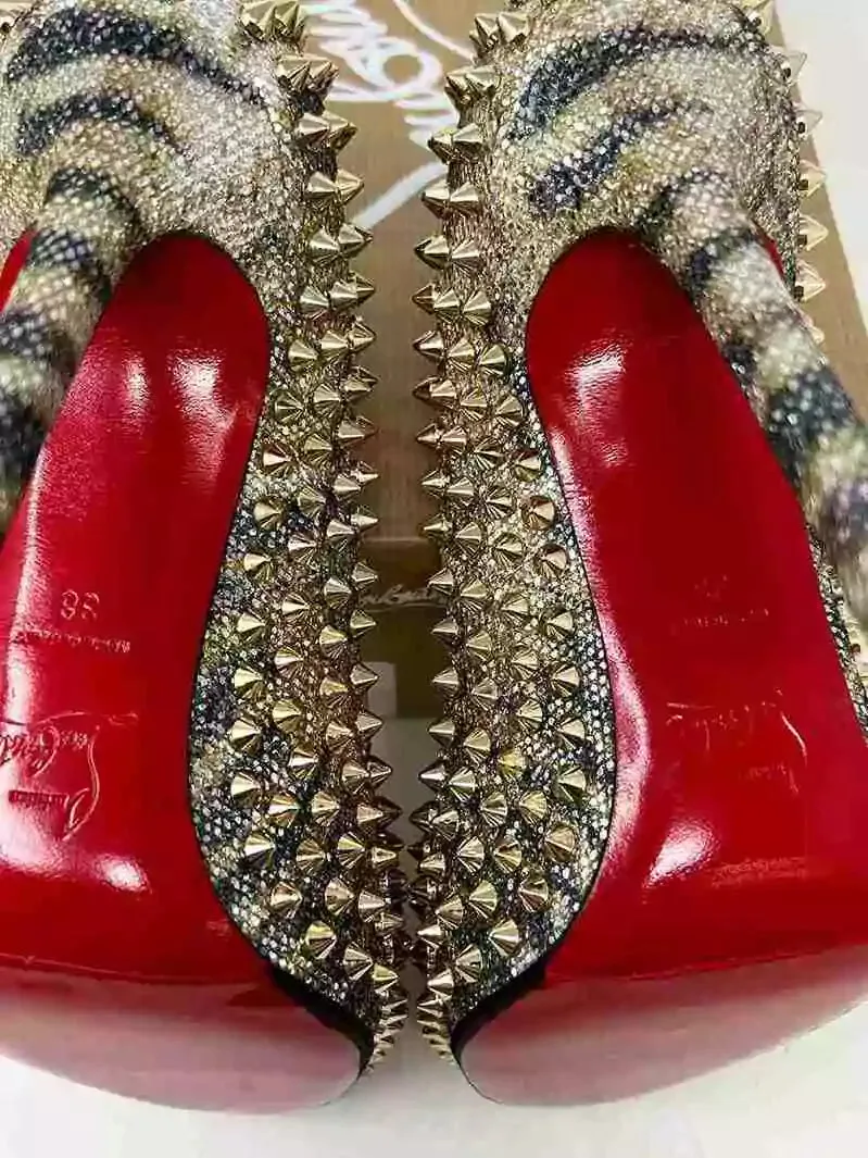 Christian Louboutin Flo Spikes 120 Glitter Sirene Gold Peep Toe Heels 38 UK 5