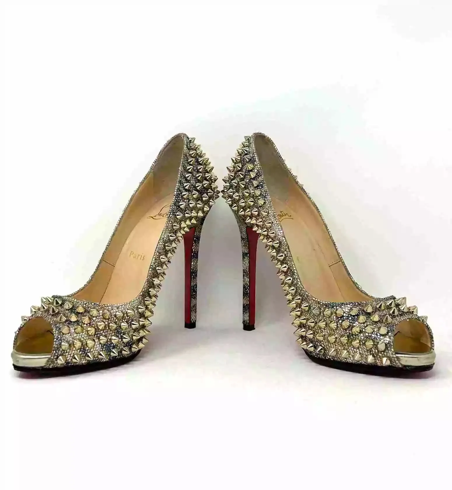 Christian Louboutin Flo Spikes 120 Glitter Sirene Gold Peep Toe Heels 38 UK 5