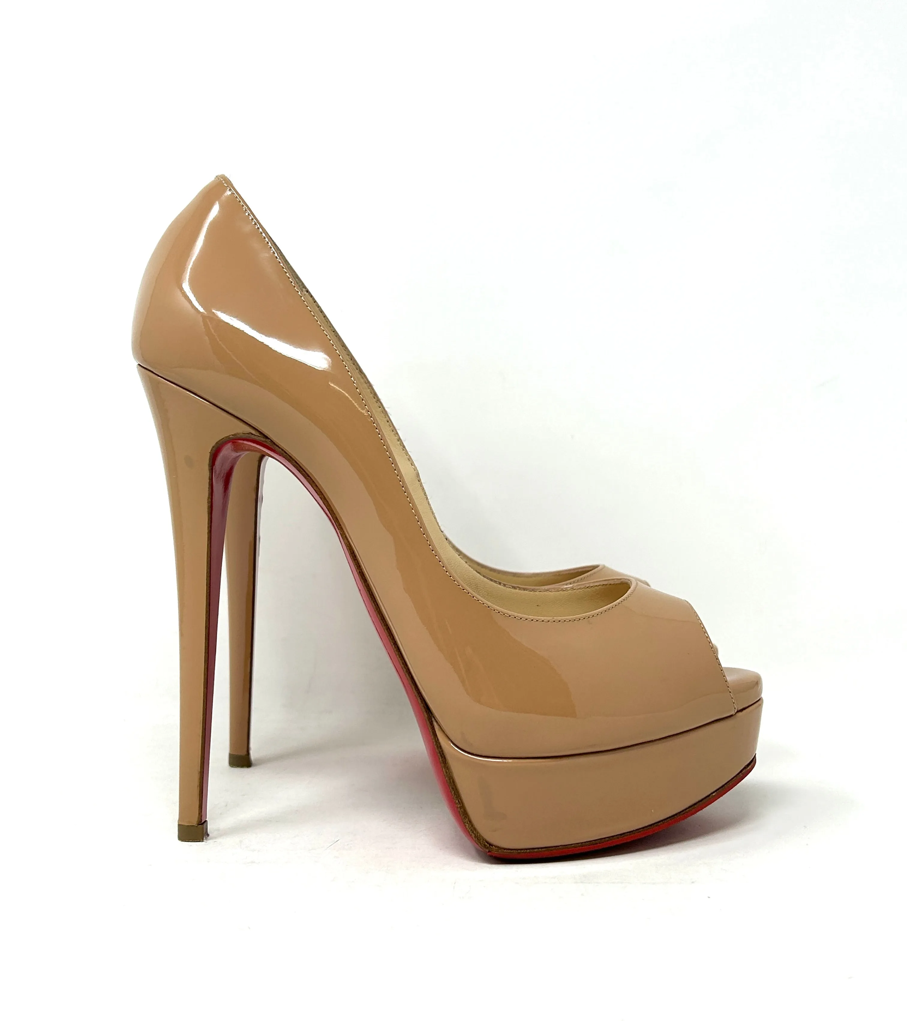 Christian Louboutin Lady Peep 140 Nude Patent Leather Platform Heels small 38 UK 5