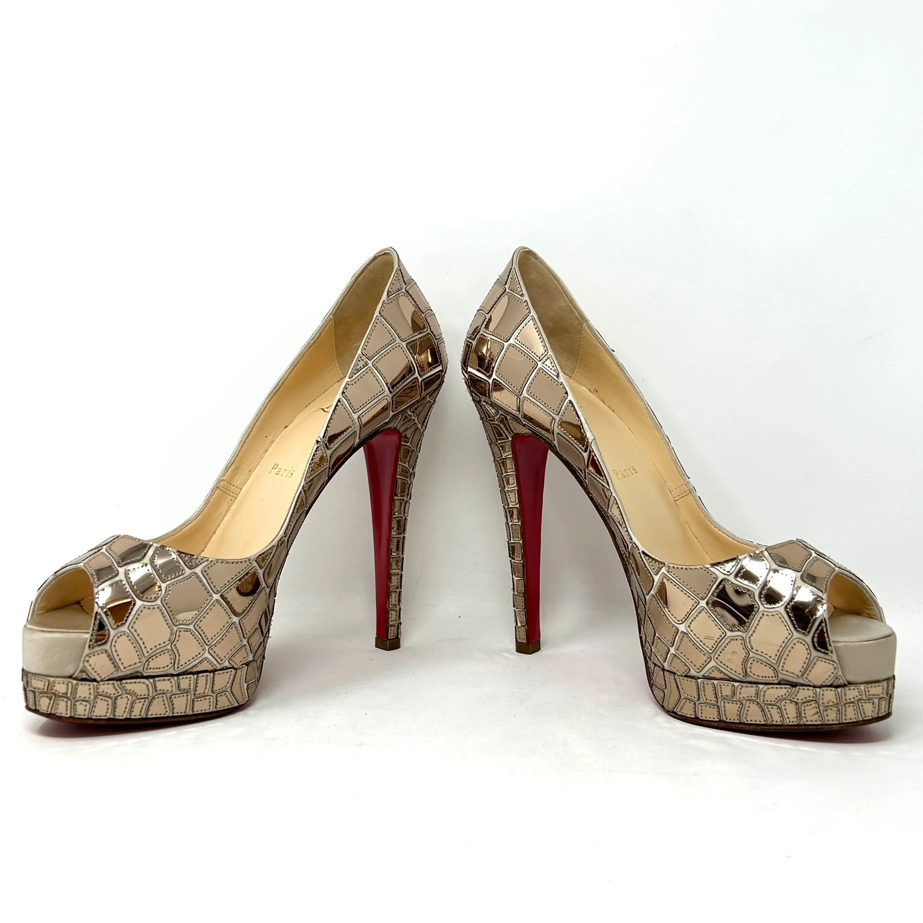 Christian Louboutin Sobek 140 Gold Patent Satin Mirror Effect Peep Toe Heels 39 UK 6